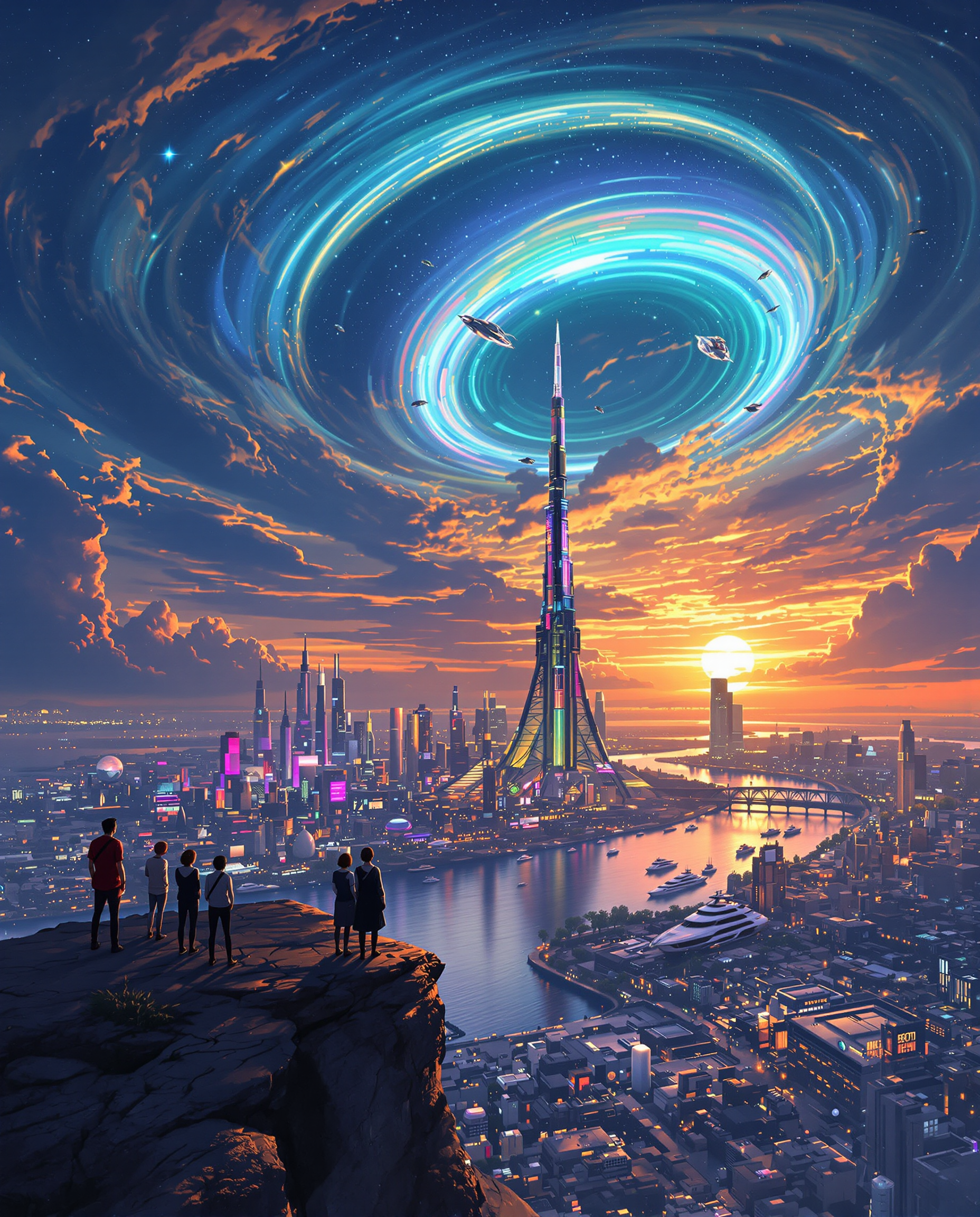A breathtaking futuristic cityscape at twilight, viewed from a high rocky cliff in the foreground where silhouetted figures stand gazing at the scene, including a few people in casual attire with subtle glowing elements on their clothing, the cliff edge cracked and textured with small rocks and sparse vegetation. Below, a wide reflective river or canal winds through the sprawling metropolis, dotted with sleek, illuminated boats and yachts gliding on the golden-hued water that mirrors the vibrant sunset. The city features towering spires and skyscrapers in a cyberpunk style, with the central tallest tower piercing the sky like a needle, adorned with neon lights in purples, blues, and pinks, surrounded by clusters of high-tech buildings, bridges, and hovering vehicles emitting soft glows. The sky is a dramatic expanse of swirling clouds in deep blues and indigos transitioning to fiery oranges and yellows at the horizon, with a massive curved planetary ring or aurora-like arc glowing in teal and green, arching across the heavens and casting ethereal light. Stars twinkle faintly amid the cosmic nebula effects, evoking a sense of wonder and vastness. Rendered in highly detailed digital art style inspired by anime and sci-fi illustrations, similar to Makoto Shinkai or Studio Ghibli with enhanced realism, using vibrant color palette of cool blues contrasting warm sunset golds, high dynamic range lighting, intricate textures on architecture and water ripples, atmospheric depth with subtle fog and light blooms, ultra-high resolution, cinematic composition with a slight fisheye lens distortion for immersion.