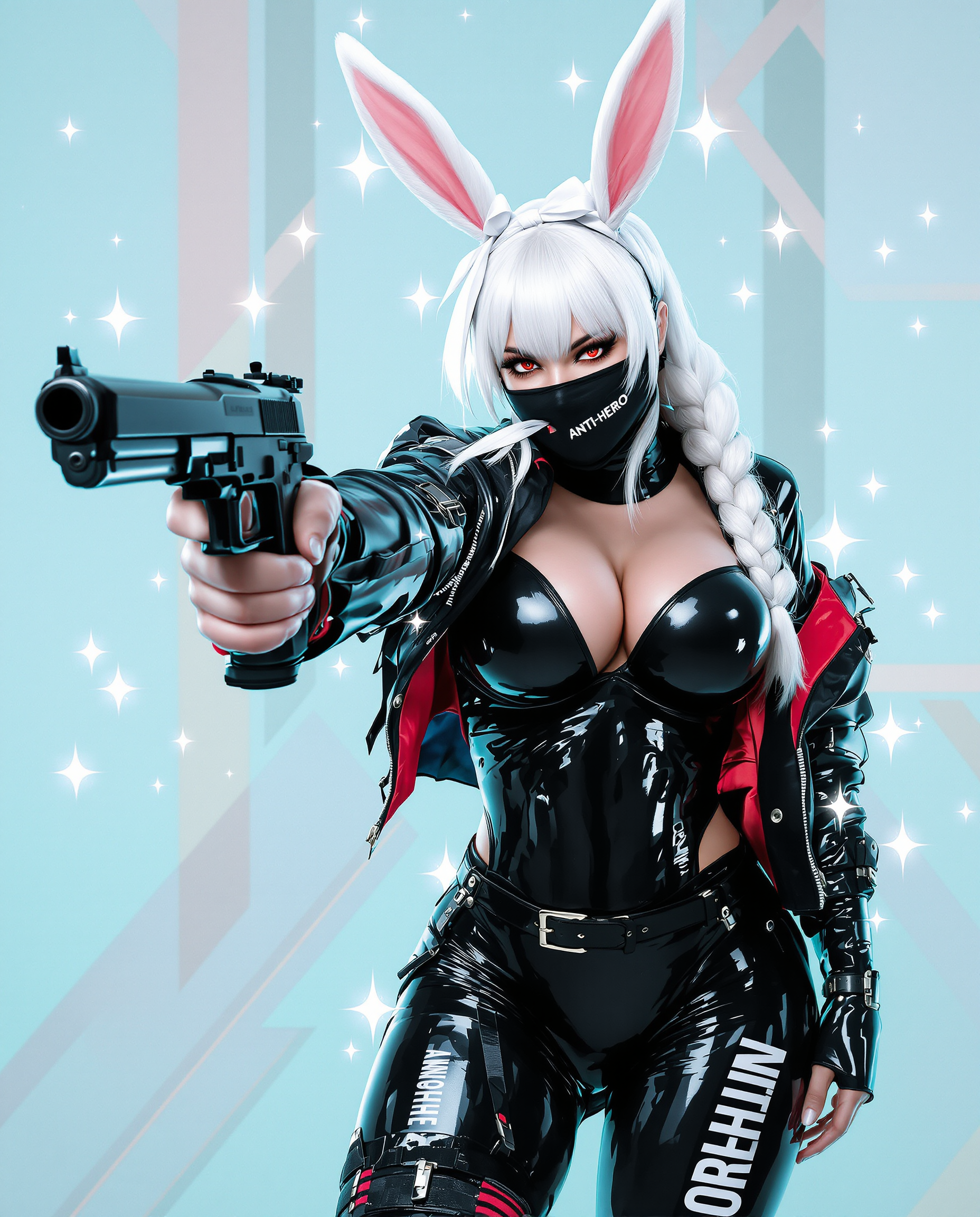 A highly detailed realistic photo (photograph) of a female real person in a dynamic cyberpunk style, featuring a voluptuous anthropomorphic bunny girl with pale white skin, long flowing silver-white hair tied in a thick side braid adorned with a white ribbon, fluffy white bunny ears, sharp red eyes with a fierce, intense gaze, and subtle fangs visible as she bites down on a black face mask she's pulling down with one hand. She has an athletic yet curvaceous build with exaggerated hourglass proportions, large breasts, wide hips, and a toned physique. She's dressed in a glossy black latex bodysuit that clings tightly to her body, emphasizing every curve with shiny reflections and highlights, including a high-neck top with buckles and straps, open-front black bomber jacket with red inner lining and rolled-up sleeves, thigh-high stockings with garter belts, and pants with bold white text reading "ANTI-HERO" vertically along the thigh. She's posing dynamically, extending her right arm forward while gripping a realistic black semi-automatic pistol aimed directly at the viewer, her left hand playfully tugging at the mask over her mouth, conveying a mix of menace and allure. The background is a soft pastel blue with abstract geometric patterns, floating white stars, and subtle glowing effects, evoking a futuristic or tactical atmosphere. Rendered in vibrant colors with high contrast, sharp linework, cel-shading, and glossy textures for a polished, professional realistic art medium, ultra-detailed, 8K resolution, dramatic lighting with cool blue tones and red accents for emphasis.