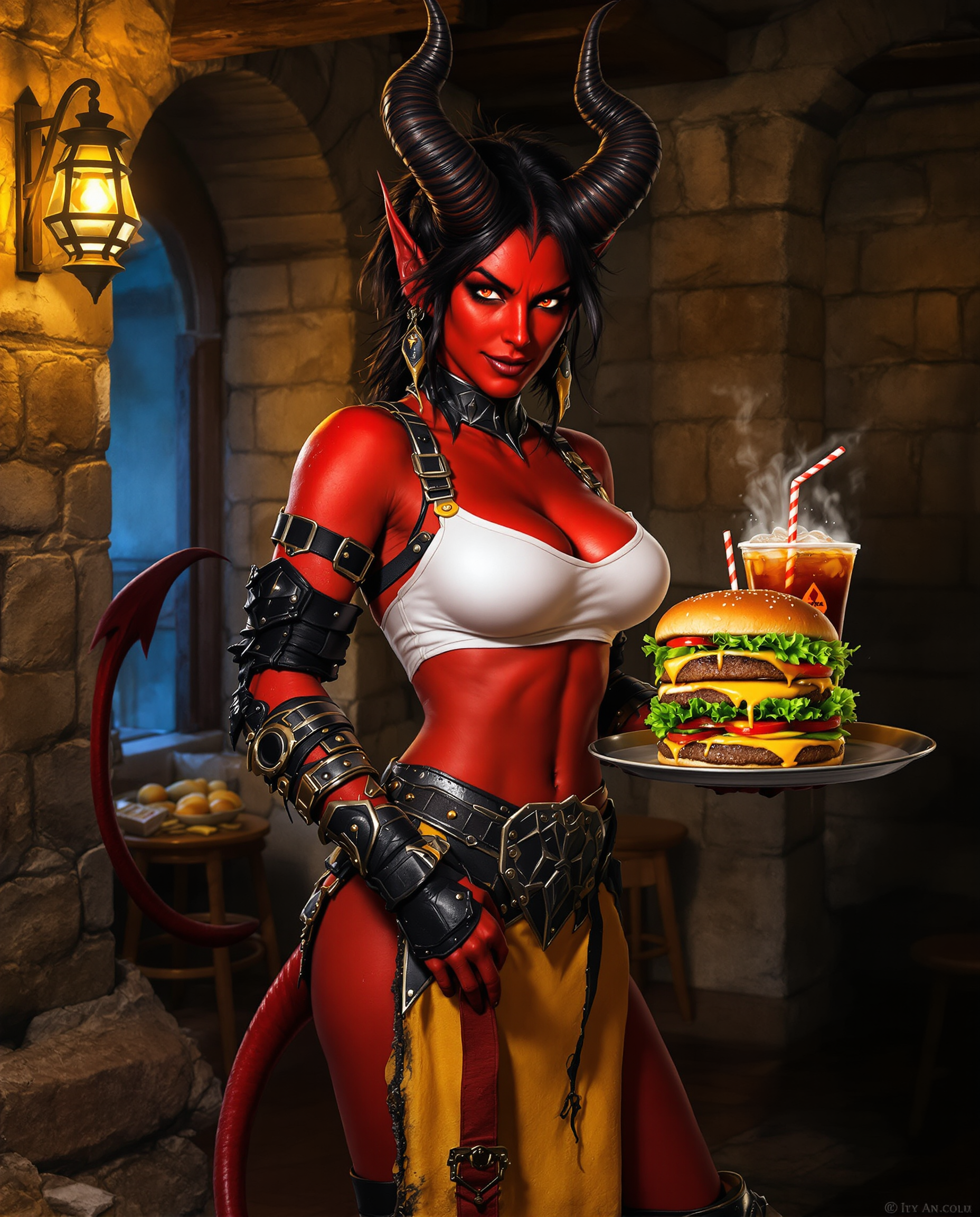 A highly realistic photo (photograph) of a female real person in a vibrant realistic style, with sharp linework, dynamic shading, and rich textures evoking a mix of cel-shaded and painterly mediums. The central figure is a fierce yet alluring female demon or tiefling waitress, with deep crimson red skin that gleams under dim lighting, muscular athletic build with defined abs and curves, piercing glowing red eyes with black sclera, wild black hair tousled around large curved black horns that twist upward like a ram's, pointed ears, and a confident smirk on her face. She wears a form-fitting white crop top that exposes her midriff, layered with rugged black leather and metal armor pieces including shoulder guards, arm bracers with straps and buckles, a thick black belt around her waist, tattered yellow apron stained with grease and wear, thigh-high black greaves with red accents, and a long red tail ending in a spade tip visible behind her. She stands in a dimly lit medieval tavern interior made of rough stone walls and pillars, with flickering warm yellow lantern light from a hanging fixture on the left casting dramatic shadows, wooden stools and debris in the background, and a sense of cozy yet ominous atmosphere with subtle fog and particle effects. In her hands, she balances a large metal serving tray laden with two oversized juicy cheeseburgers stacked high with sesame-seed buns, melted cheese, fresh lettuce, tomato slices, pickles, and dripping sauces, accompanied by two tall plastic cups of fizzy cola with ice cubes, condensation droplets, and striped straws poking out. The color palette emphasizes warm reds, oranges, and browns for the character and food, contrasted with cool grays and blues in the stone background, high contrast lighting with rim lights highlighting her contours, intricate details on textures like scuffed armor, glossy burger drips, and subtle steam rising from the food, overall composition centered on the character in a three-quarter view, exuding a playful mix of fantasy adventure and fast-food whimsy.