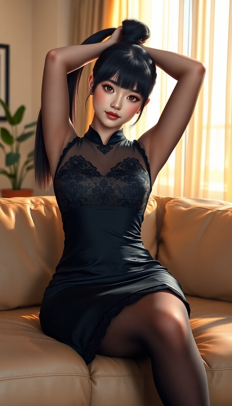 A highly detailed realistic photo (photograph) of a female real person illustration of a voluptuous young woman with pale skin, sharp red eyes, and long straight black hair tied in a high ponytail, sitting gracefully on a beige leather couch in a softly lit modern living room. She is stretching her arms upward behind her head, arching her back slightly with a subtle, alluring expression on her face, emphasizing her ample bust and curvaceous figure. She wears a form-fitting black lace cheongsam-style dress with sheer mesh panels over the chest, glossy satin fabric hugging her body down to mid-thigh, paired with black thigh-high stockings adorned with lace trim at the top. The room features warm morning sunlight filtering through sheer curtains on a large window behind her, casting soft golden rays and gentle shadows across her skin and the couch, with a green potted plant visible in the blurred background and a framed picture on the wall. Art style is hyper-realistic anime with intricate details, smooth shading, and volumetric lighting; medium is digital painting; color palette dominated by deep blacks, soft beiges, warm yellows from sunlight, and subtle cool grays; high resolution, 8K, masterpiece quality, with emphasis on glossy textures, realistic fabric folds, and ethereal atmosphere.