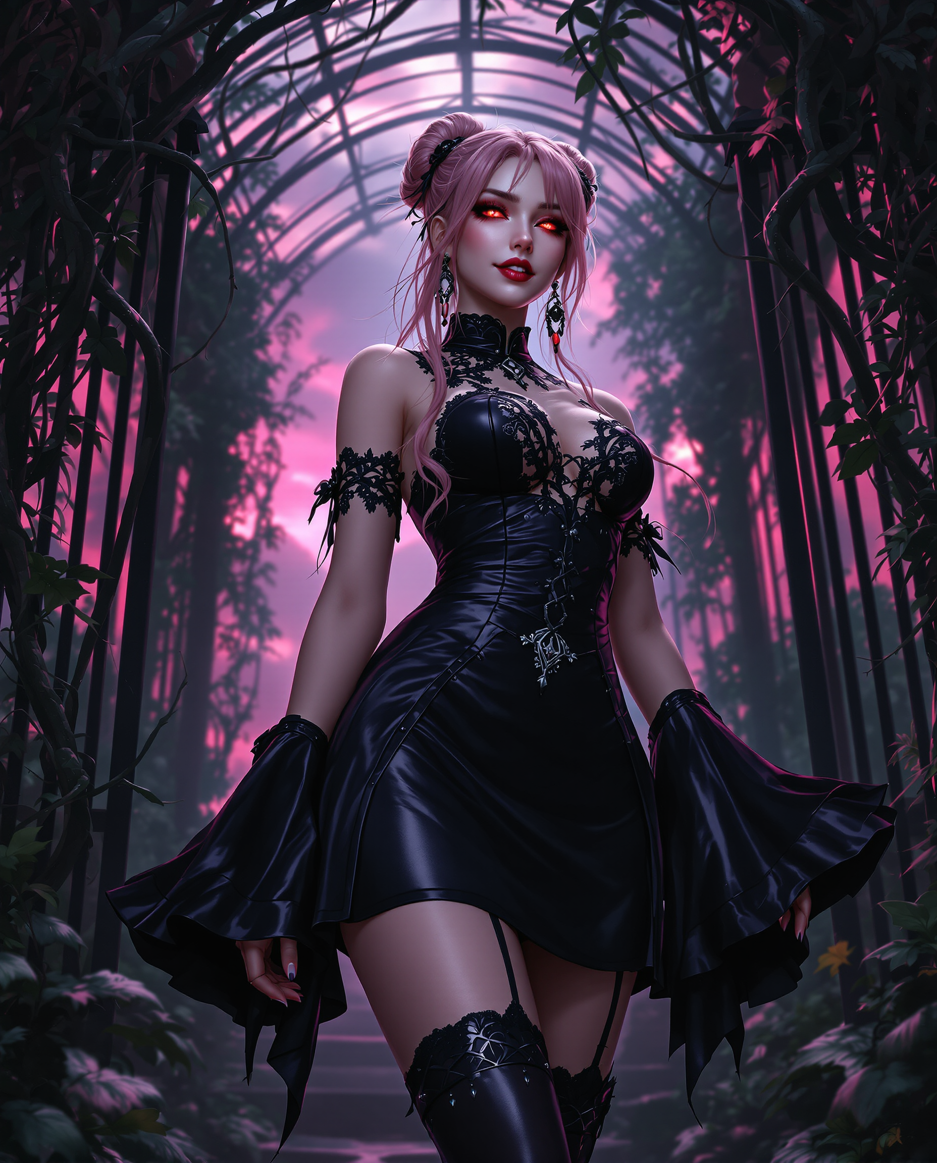 A highly detailed digital realistic photo (photograph) of a female real person in a dark fantasy style,  featuring a voluptuous young woman with pale skin, sharp crimson-red eyes glowing intensely, and long flowing pink hair tied in a loose bun with strands cascading down her shoulders. She stands confidently in a low-angle view, exuding a seductive and mysterious aura, her expression calm and slightly smirking with parted lips. She wears a form-fitting black cheongsam-style dress with intricate lace patterns and glossy sheen, wide bell sleeves, a high collar, and a cinched waist belt with ornate knots, the skirt pleated and short, revealing her thighs. Black thigh-high stockings with garter straps and lace tops hug her legs, paired with shiny black boots. The background is a dimly lit, overgrown gothic conservatory or ruined greenhouse with twisted black vines and iron bars framing the scene, a vibrant magenta-pink sky peeking through dense foliage and branches, creating a dramatic contrast with deep shadows and ethereal pink glows. The medium is digital painting with sharp linework, vibrant color saturation in pinks and blacks, subtle gradients, and atmospheric lighting that casts soft highlights on her skin and clothing, emphasizing her curvaceous figure and adding a sense of depth and mystery. High resolution, intricate details on fabrics and textures, cinematic composition with rule of thirds.