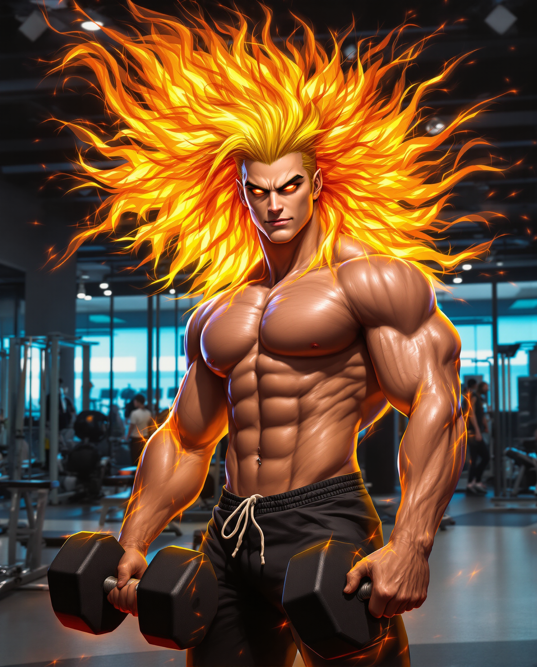 A highly realistic photo (photograph) of a male real person in a semi-realistic style, featuring a muscular young man with flame-like hair in a modern gym setting, inspired by characters like Kyojuro Rengoku from Demon Slayer but with enhanced physique and intensity. The man has long, flowing blonde hair with vibrant red-orange tips that resemble flickering flames, styled in wild, spiky waves cascading down his back and shoulders. His face is handsome and fierce, with sharp, arched black eyebrows, piercing golden-yellow eyes with a determined gaze directed at the viewer, high cheekbones, a strong jawline, and a confident smirk. His skin is fair and glistening with sweat, highlighting his extremely defined, hyper-muscular torso: broad shoulders, massive pectorals, chiseled eight-pack abs, bulging biceps and triceps, visible veins, and a navel piercing. He is shirtless, wearing only tight black athletic shorts that hug his hips and thighs, with a white drawstring. In his right hand, he casually holds a large black dumbbell, arm flexed to show off his strength. The background is a sleek, dimly lit gym with large windows letting in soft blue daylight, metallic weight racks, exercise machines, and a polished concrete floor reflecting subtle lights. The art medium is digital painting with high contrast, dramatic lighting from overhead sources casting warm golden highlights and cool blue shadows on his body, emphasizing muscle contours and sweat droplets. Vibrant color palette dominated by warm oranges, yellows, and reds in the hair contrasting with cool grays and blacks in the gym, ultra-detailed textures on skin, hair, and fabrics, dynamic pose with a slight lean forward, evoking power, confidence, and fiery passion, in a vertical composition suitable for wallpaper, rendered in 4K resolution with sharp focus and intricate shading.