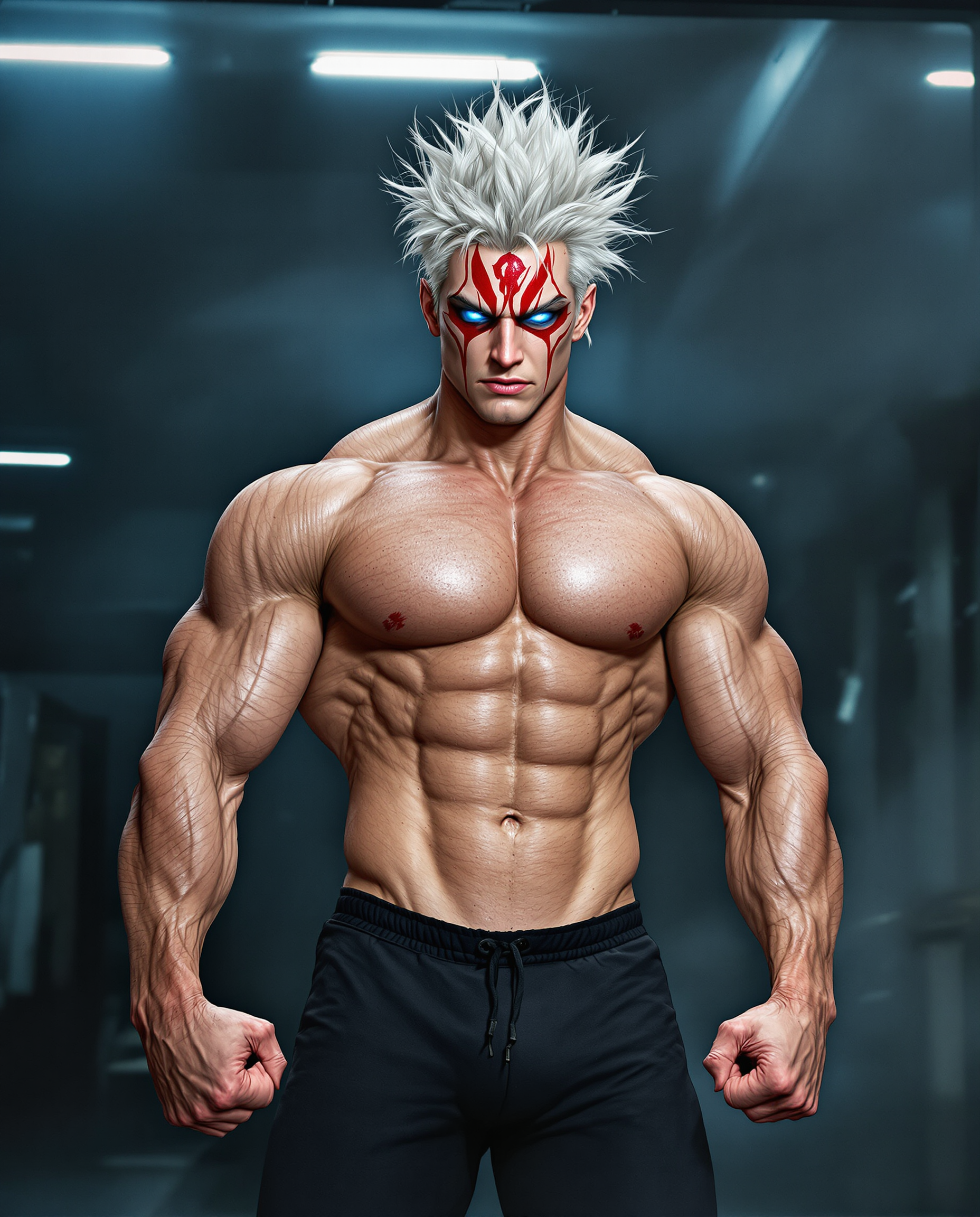 A highly detailed realistic photo (photograph) of a male real person in the style of modern fantasy realistic art, reminiscent of Jujutsu Kaisen or One Punch Man, featuring a muscular young adult male character with wild, spiky silver-white hair that stands up dramatically, piercing blue eyes with intense red markings like tribal tattoos under his eyes and across his forehead, giving him a fierce, demonic warrior vibe. He has an ultra-defined, hyper-muscular physique with bulging biceps, triceps, deltoids, pectorals, six-pack abs, obliques, and visible veins popping on his arms and torso, skin glistening with sweat for a realistic, shiny texture. He stands confidently in a dimly lit modern gym interior, posing with clenched fists at his sides, wearing only tight black athletic shorts that hug his thighs, with a drawstring and subtle branding. The background includes blurred gym equipment like barbells, weight plates, racks, and metal structures in cool gray tones, with atmospheric fog and soft volumetric lighting from overhead fluorescent lights casting dramatic shadows and highlights on his body. Rendered in a semi-realistic digital painting medium with vibrant contrasts, cool blue-gray color palette for the gym contrasted with warm skin tones and metallic sheens, high resolution, intricate details on muscle fibers, hair strands, and fabric textures, epic and motivational atmosphere, subtly integrated at the bottom.