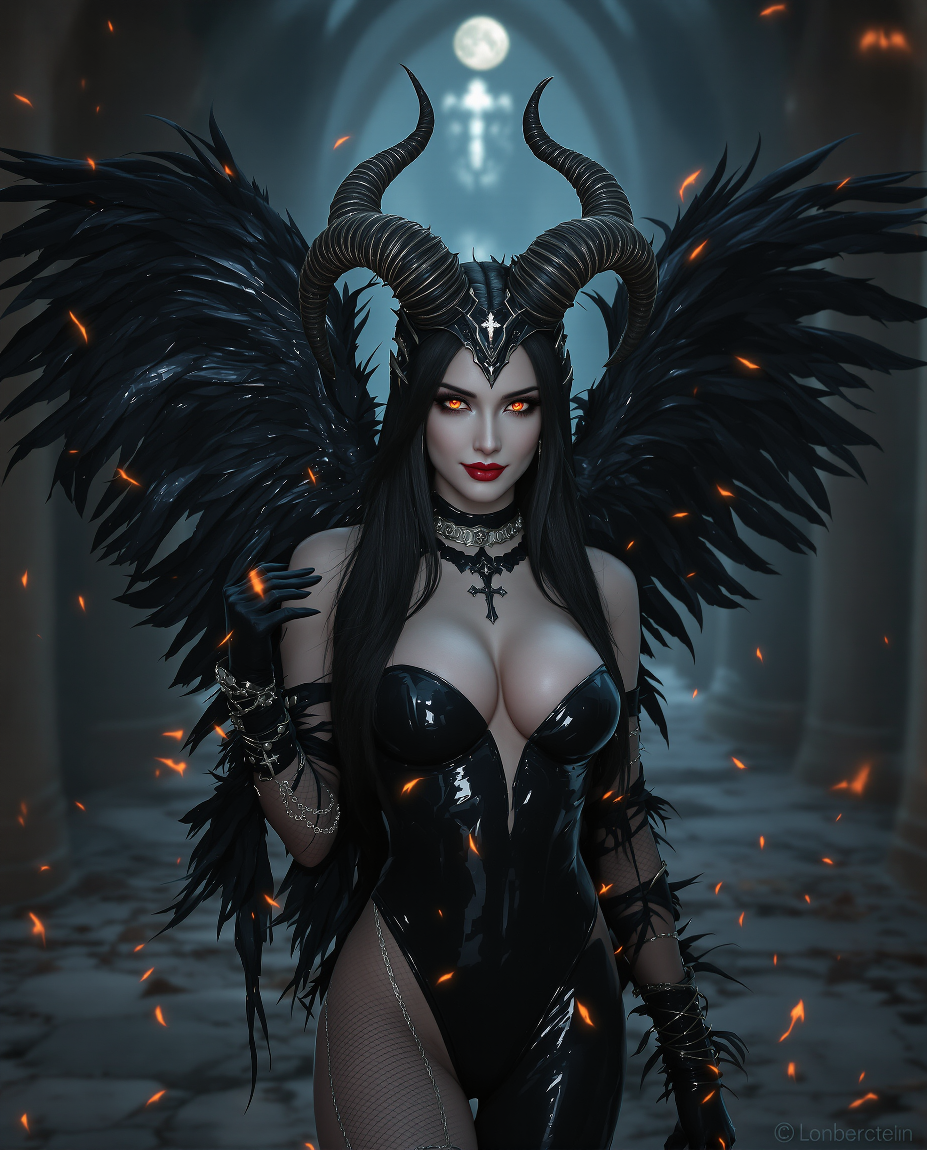 A highly detailed realistic photo (photograph) of a female real person in a dark fantasy anime style, featuring a seductive female demoness with pale porcelain skin, sharp angular features, piercing crimson eyes with subtle glow, and long flowing raven-black hair cascading over her shoulders. She wears an ornate black horned headdress resembling curved ram horns with feather-like extensions, integrated seamlessly into her hair. Her attire consists of a form-fitting glossy black latex bodysuit with sheer mesh panels on the arms and chest, accentuating her curvaceous figure, adorned with silver chains, a inverted cross pendant necklace, and intricate metallic buckles. Large, tattered black feathered wings sprout from her back, slightly spread with ethereal shadows and subtle glowing embers at the tips. She poses confidently in a three-quarter view, gazing directly at the viewer with a mysterious, alluring smirk, one gloved hand raised subtly as if casting a spell. The background is a misty, ruined gothic cathedral at dusk, with crumbling stone arches, faint beams of moonlight filtering through fog, and scattered orange embers floating in the air, creating a moody atmosphere of dark enchantment. Rendered in a hyper-realistic digital medium with high contrast, deep blacks, cool blues and purples in the shadows, warm golden highlights on metallic surfaces, and volumetric lighting for dramatic depth and shine on the latex textures. Ultra-high resolution, intricate details on feathers, skin pores, and fabric sheen, evoking a sense of forbidden allure and supernatural power.