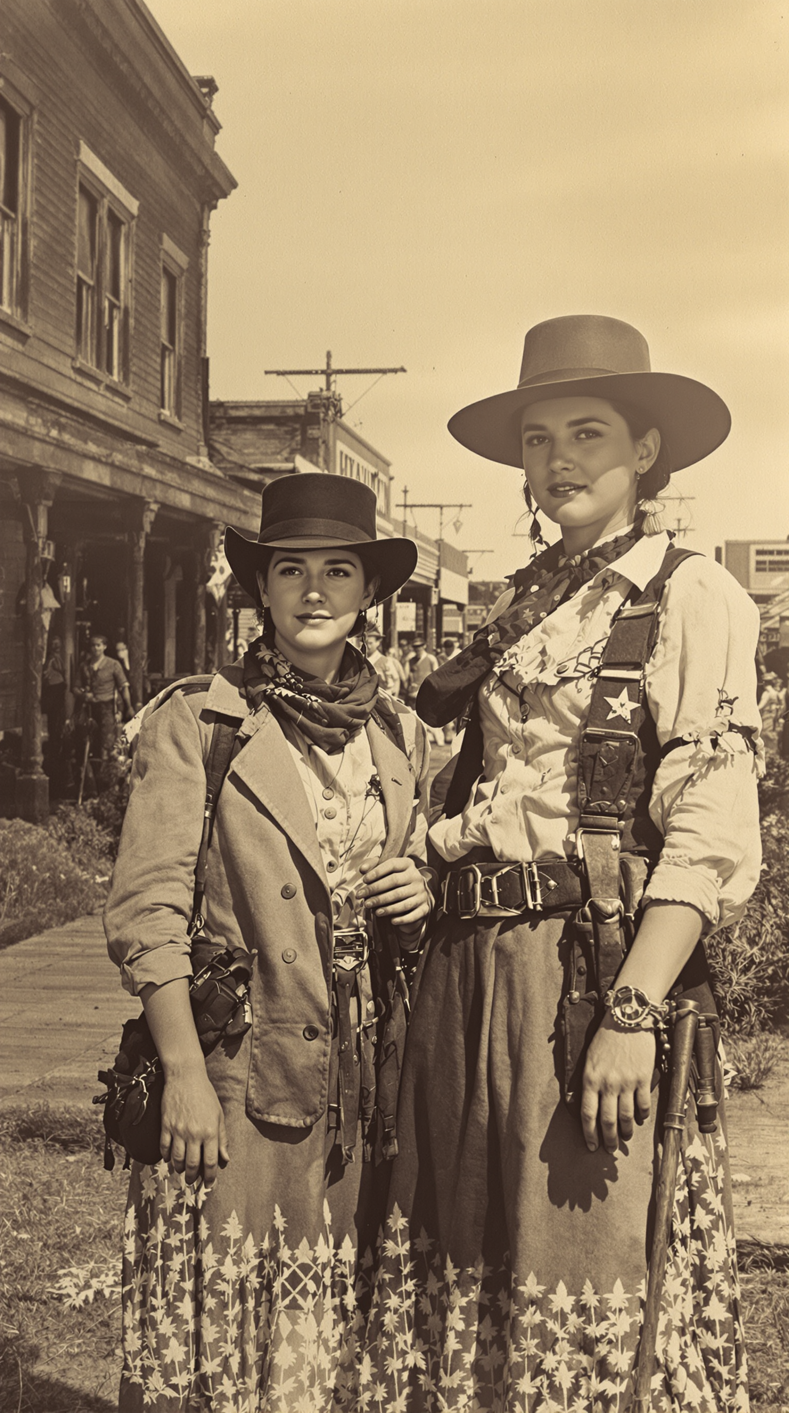 young western outlaw women together in rural 1800s wild west town