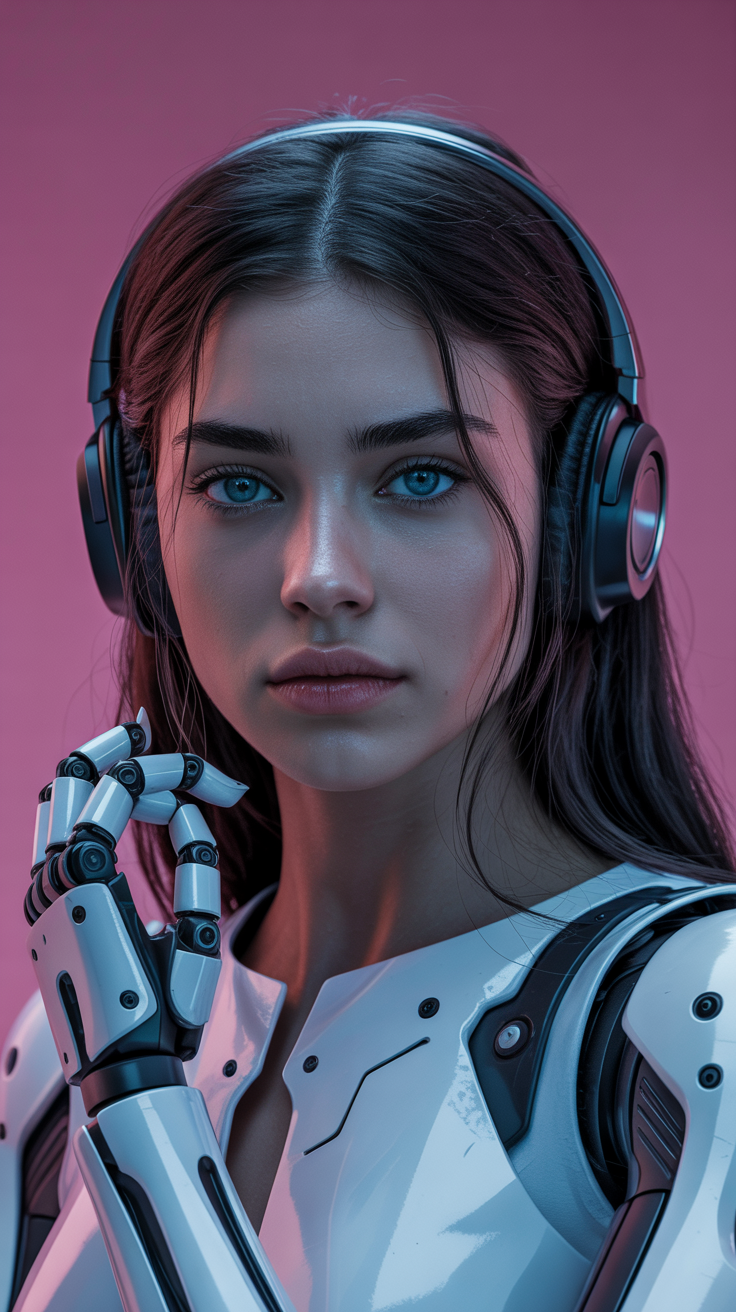 The image depicts a young woman with long black hair and striking blue eyes, wearing a futuristic robotic arm and headphones. The background is a solid pink color, creating a stark contrast with the metallic and mechanical elements in the foreground. The woman's expression is focused and slightly concerned, The overall scene has a cyberpunk aesthetic, blending human and machine elements seamlessly., Photo realistic, hyper detail, hyper realistic