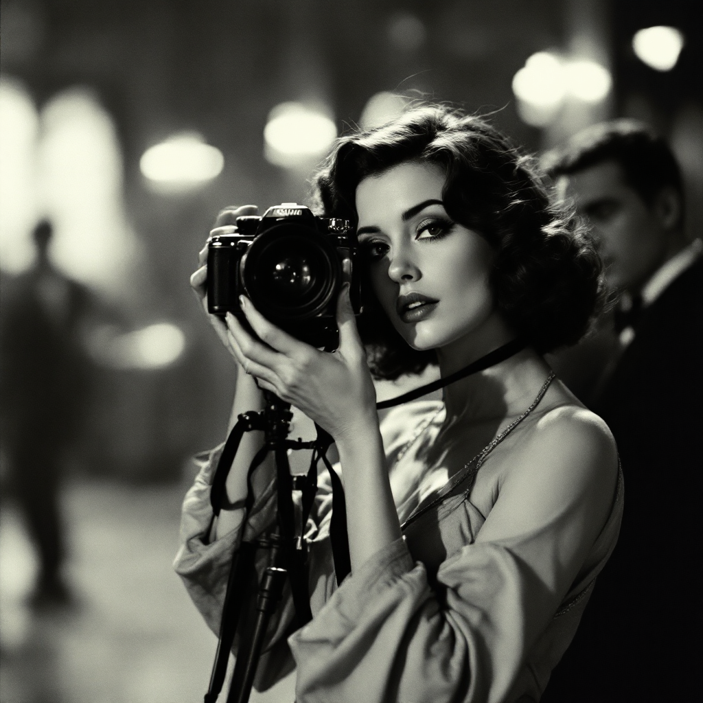 paparazzi photo, action, documentary style 1930s \(style\), Fill Lighting, Ilford HP5 Plus, realist detail, ue5, detailed character expressions, amazing quality, wallpaper, analog film grain, Establishing shot, Practical Lighting, Photoshop, analog film photo cinematic film still, shallow depth of field, vignette, highly detailed, high budget Hollywood film, bokeh, cinemascope, moody, epic, gorgeous, film grain, faded film, desaturated, 35mm photo, grainy, vintage, Kodachrome, Lomography, stained, found footage, elegant woman, 20 years old, posing with a camera, ballroom