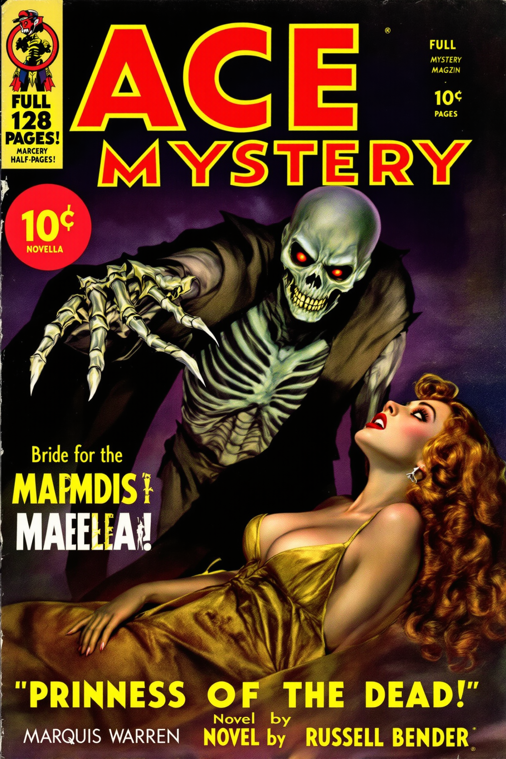 Vintage pulp magazine cover in the style of 1930s horror illustrations, featuring a dramatic and eerie scene: at the center, a menacing bald undead man with pale grayish skin, hollow cheeks, glowing red eyes, and a skeletal grimacing face with exposed teeth, dressed in tattered dark rags, extending a bony skeletal hand with claw-like fingers towards a frightened young woman; the woman has curly auburn hair, wide fearful eyes, red lips parted in shock, wearing a low-cut golden gown that slips off one shoulder, reclining backwards on a dark misty background as if recoiling in terror; bold red and yellow title text "ACE MYSTERY MAGAZINE" at the top in large block letters, with "10¢" in a red circle on the left, "FULL 128 PAGES!" in yellow on the right, and "ACE" in a small red badge; below the title, story blurb "BRIDE FOR THE HALF-DEAD Novella by MARQUIS WARREN" in white and yellow text; additional text at the bottom "PRINCESS OF THE DEAD Novel by RUSSELL BENDER" and smaller credits; overall color palette of deep purples, blacks, and vibrant accents on a foggy, shadowy backdrop with subtle horror elements like faint graveyard mist and dim lighting for a pulp adventure atmosphere, highly detailed, retro comic book art style with exaggerated expressions and dynamic composition.