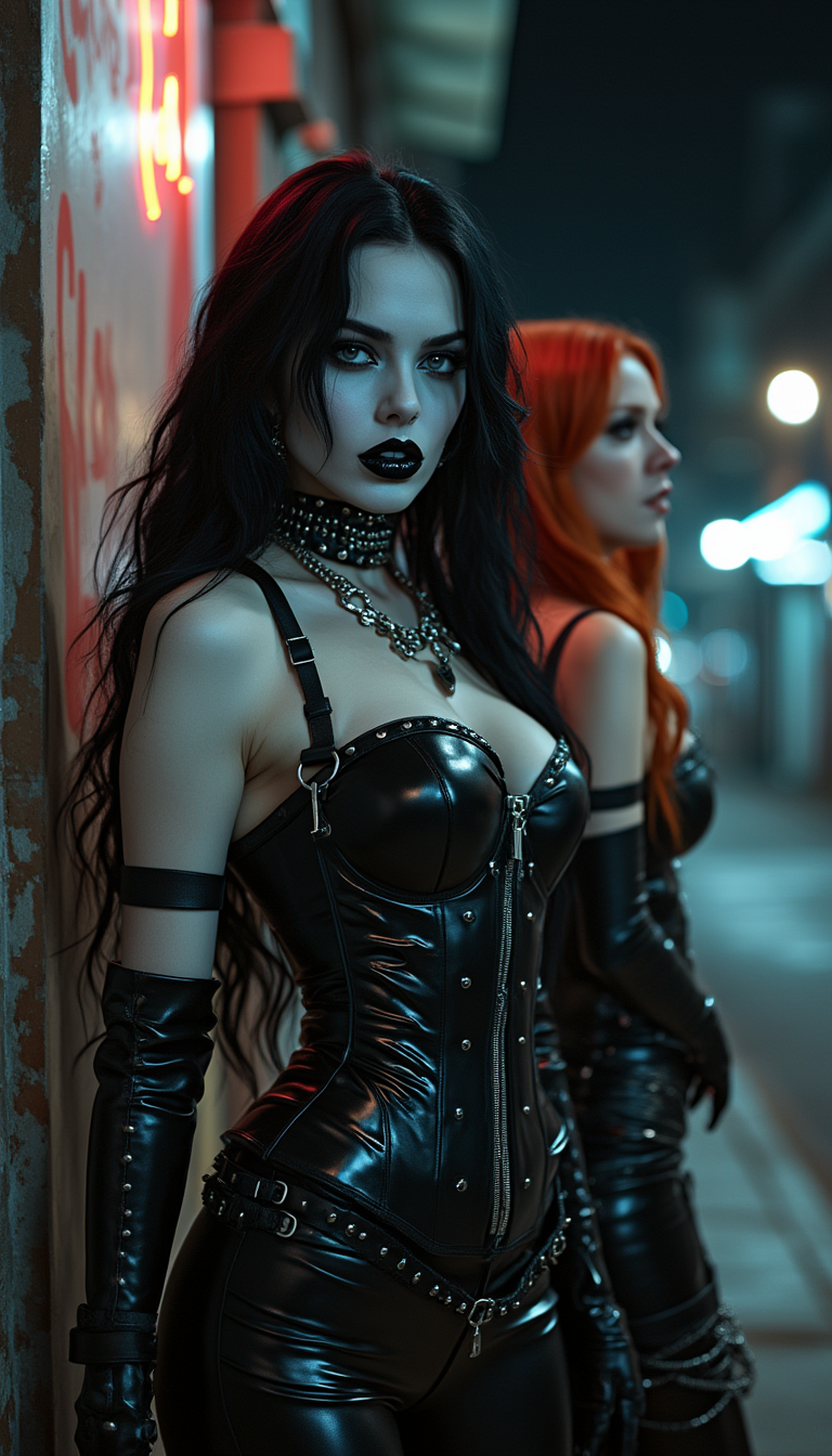 A commanding vampire woman with pale skin and long thick black hair set in heavy pigtails stands dominantly on a dimly lit urban street corner at night, her heavy goth makeup featuring shiny black lips and claw-like fingernails. She wears a shiny black latex corset adorned with straps and studs, skintight black latex pants with side straps, and a thick dog collar, accompanied by a similarly dressed red-haired woman under flickering streetlights. High-resolution cinematic photo with dramatic shadows, glossy textures, and moody neon glow, captured in 8K detail with shallow depth of field.