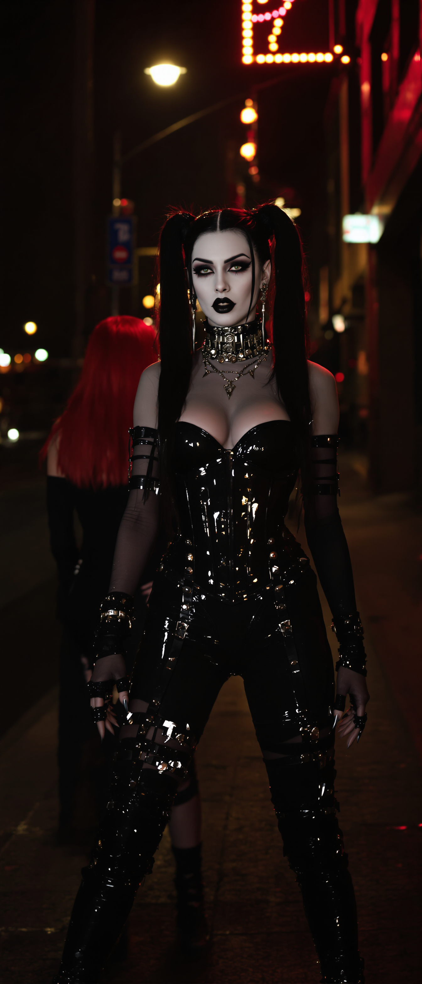 A commanding vampire woman with pale skin and long thick black hair in heavy pigtails stands dominantly on a dimly lit urban street corner at night, her heavy goth makeup accentuating shiny black lips and claw-like fingernails, clad in a shiny black latex corset with straps and studs, skintight black latex pants with side straps, and a thick dog collar, accompanied by a similarly attired red-haired woman under flickering streetlights. This high-resolution cinematic photo captures dramatic shadows, glossy textures, and a moody neon glow in 8K detail, with shallow depth of field and subtle volumetric fog enhancing the atmospheric tension.