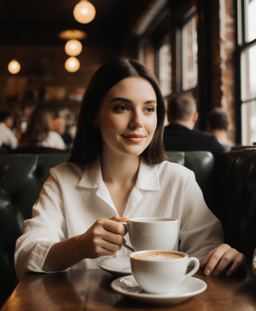 Example: A beautiful woman in a cafe