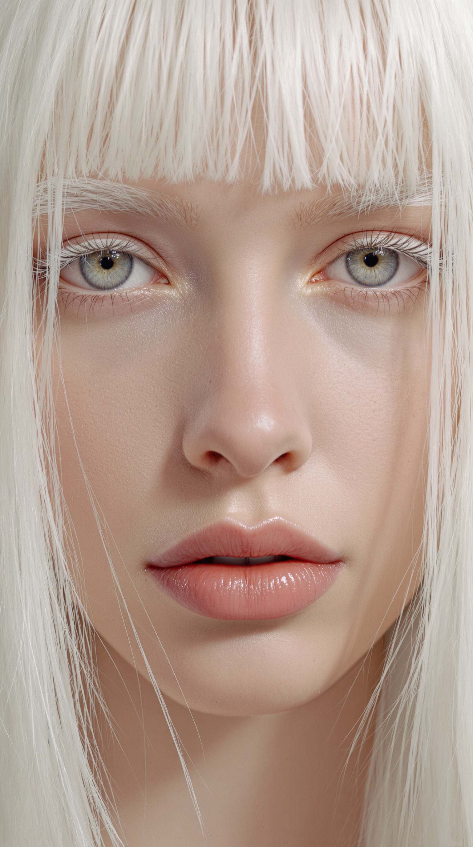 photorealistic, extrem detailed, closeup portrait, young woman, albino, very white long straight hair, white eye brows, eyes without iris, white eyes, (full lips), (parted lips), detailed skin, natural skin, skin pores, pale skin, 