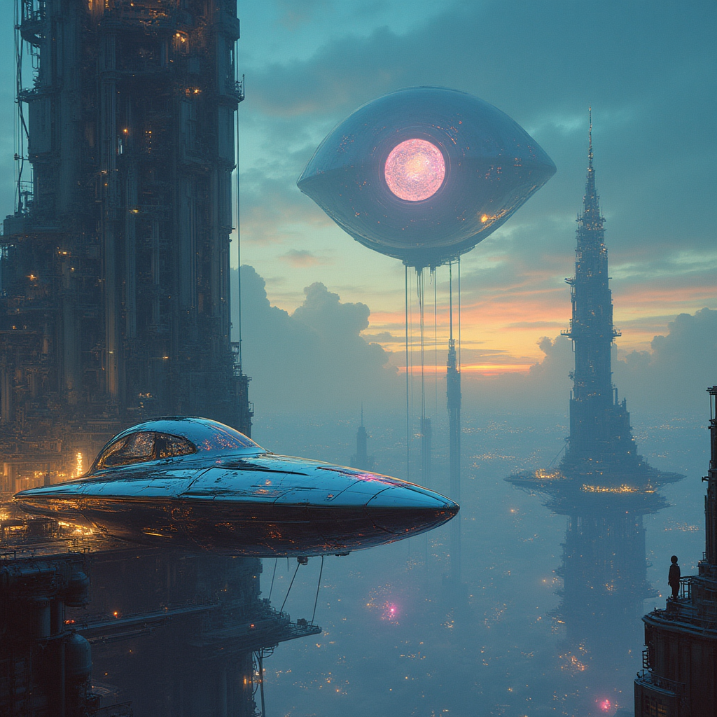 A masterpiece of sci-fi style created by the collaboration of Tamara de Lempicka and Edgar Degas.    In this sci-fi photograph, we see a vast, futuristic cityscape against a twilight sky, bathed in a soft, otherworldly glow from distant neon lights and atmospheric distortions. The city is constructed on large floating platforms that seem to hover above a shimmering cosmic sea, hinting at the possibility of an alien ecosystem or advanced space-based architecture. Suspended below these platforms are intricate networks of cables and energy beams, creating a web-like pattern that glows in vibrant blues and purples.In the foreground, a sleek, metallic spaceship with organic, fluid design elements is parked beside a towering structure resembling a giant, transparent dome. The ship's windows reveal a crew of beings with advanced cybernetic enhancements and holographic projections dancing across their interfaces. Above the city, an enormous, glowing eye-like construct looms in the sky, its iris reflecting the myriad lights below—a mysterious artificial intelligence overseeing the metropolis.The atmosphere is thick with swirling clouds of iridescent mist that appear to shift colors rapidly, adding a sense of motion and otherworldly magic. The overall scene exudes a blend of technological marvel and mystical wonder, suggesting an advanced civilization at the brink of new cosmic discoveries.