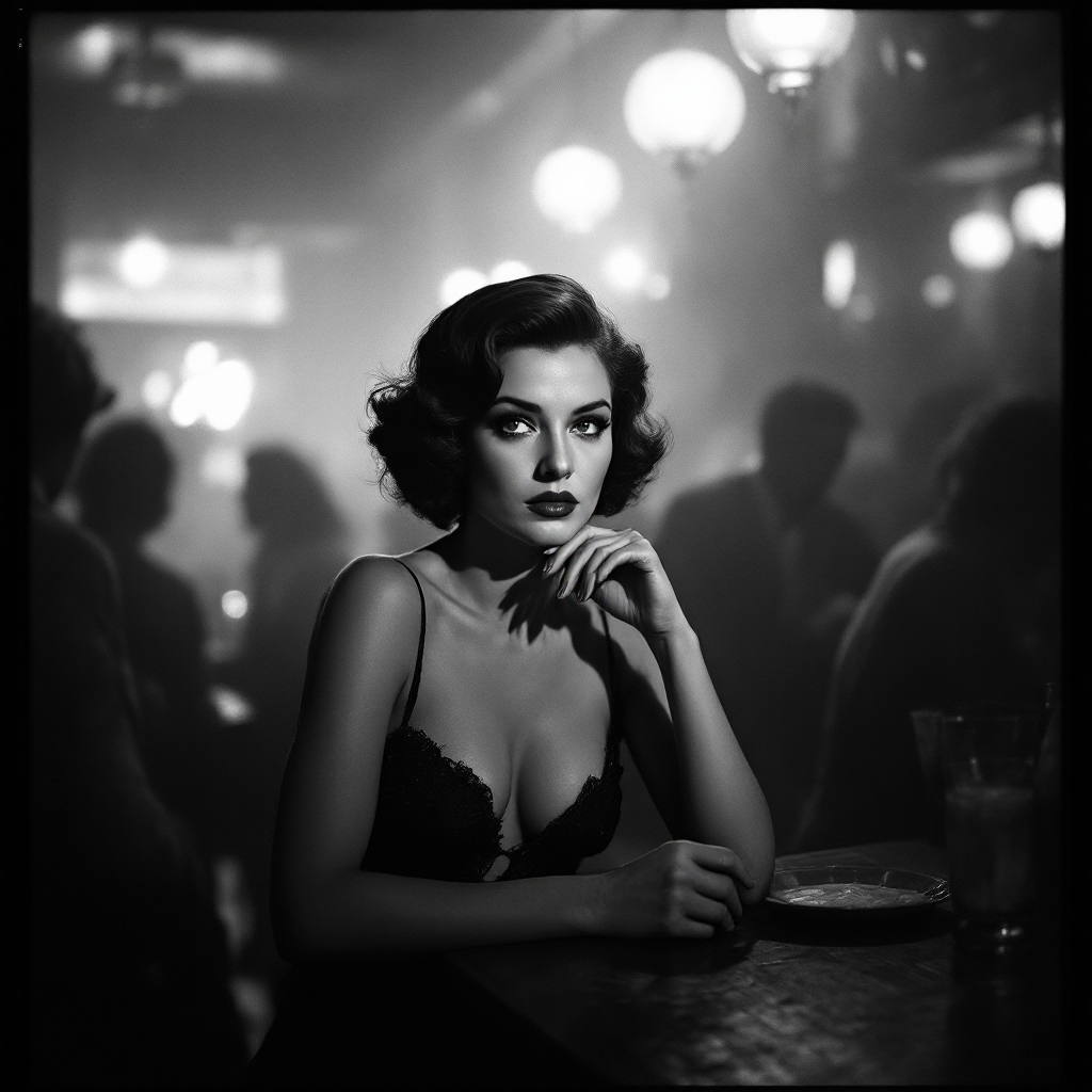 a woman in a bar,  paparazzi photo, action, documentary style 1930s \(style\), Fill Lighting, Ilford HP5 Plus, realist detail, ue5, detailed character expressions, amazing quality, wallpaper, analog film grain, Establishing shot, Practical Lighting, Photoshop, analog film photo cinematic film still, shallow depth of field, vignette, highly detailed, high budget Hollywood film, bokeh, cinemascope, moody, epic, gorgeous, film grain, faded film, desaturated, 35mm photo, grainy, vintage, Kodachrome, Lomography, stained, found footage