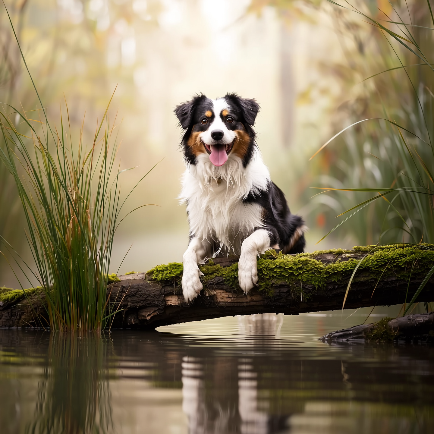 A playful dog perched on a moss-covered log in a misty bog, surrounded by tall reeds, shallow murky water, and foggy atmosphere, captured in a photorealistic DSLR photo with soft golden hour lighting, shallow depth of field, and ultra-detailed 8K resolution.