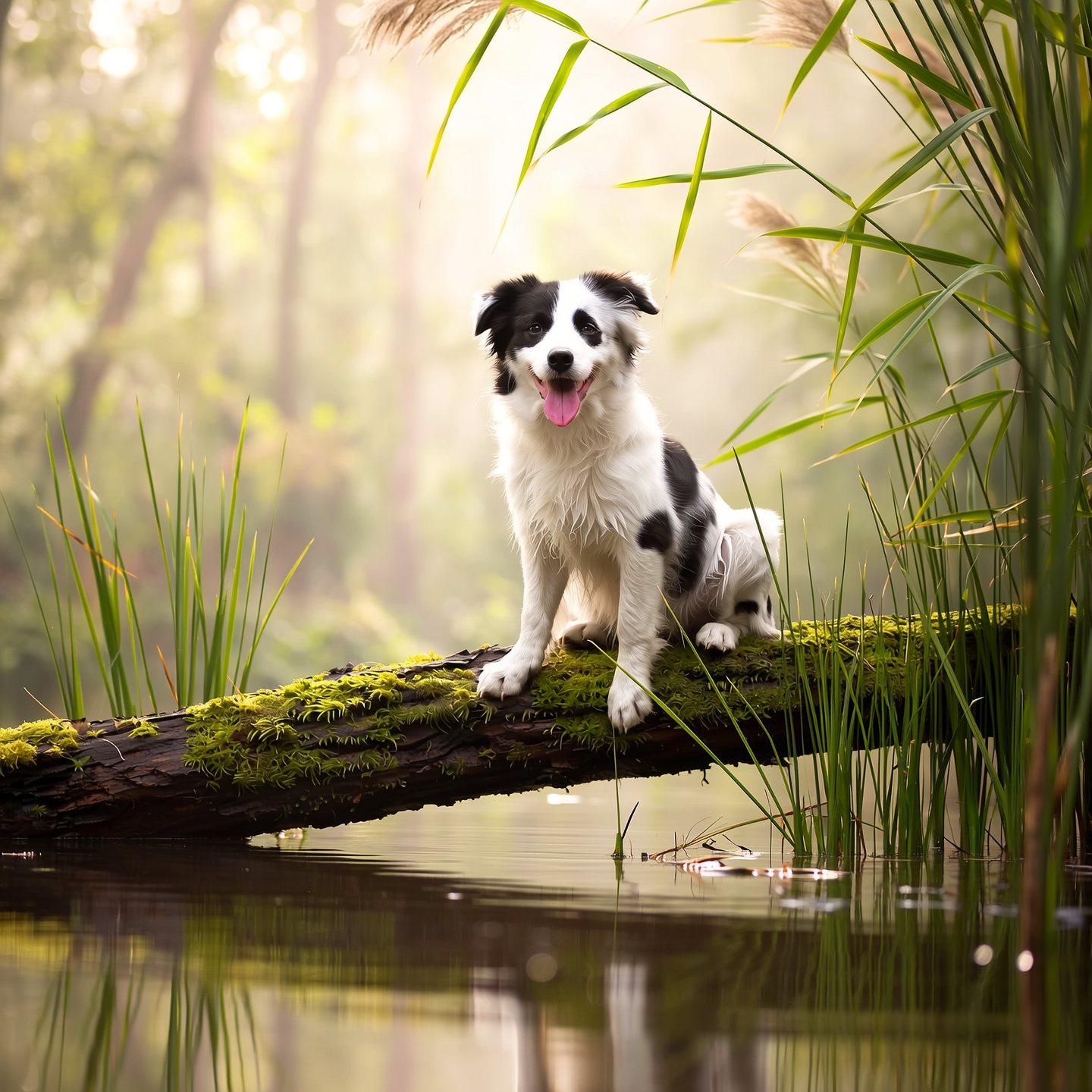 Example: A playful dog perched on a moss-covered log in a misty bog