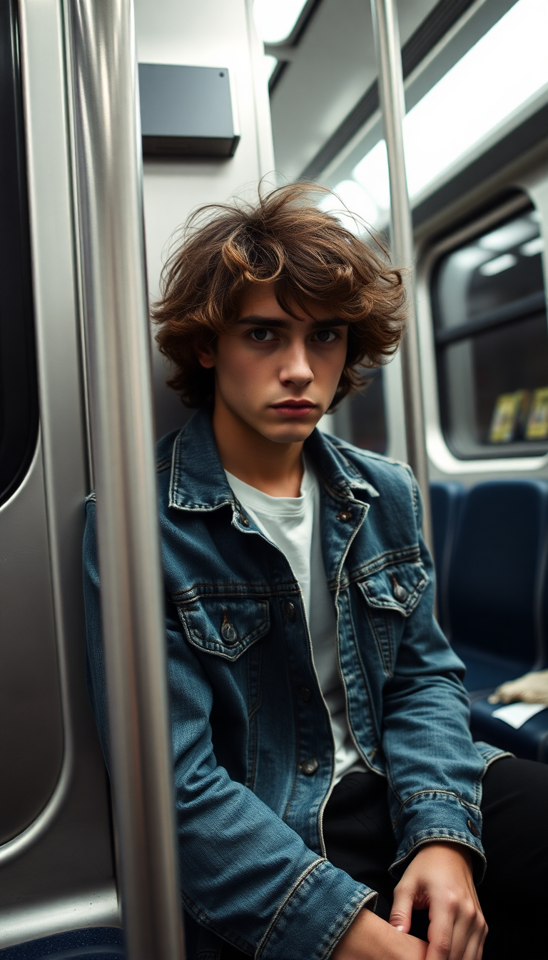 Young man, sitting in a subway train. Dressed in a shabby denim jacket, black trousers, and white tshirt. His hair is a messy mass of curls. His face is a study of fear and desperation 
