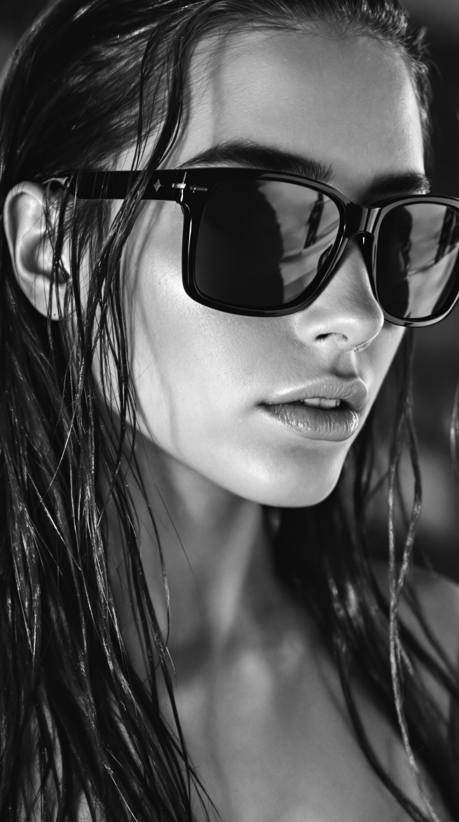monochome, black and white film:1.3, 1girl, pretty girl, 20 yo, long hair, wet hair, slicked back hair, black sunglasses, wayfarerer sunglasses, high cheekbones, topless, small breasts, face focus, close-up, hyperdetailed, simple background