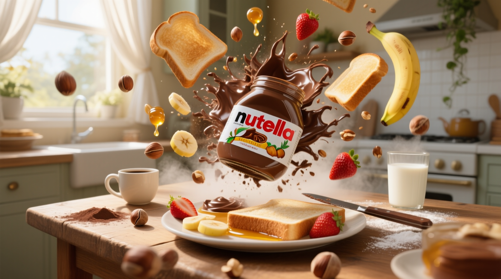 subject:
  description: >-
    Photorealistic cinematic shot of a sunlit kitchen nook. A sealed Nutella jar begins to vibrate gently, then bursts
    open—releasing a rich explosion of swirling chocolate, roasted hazelnuts, toast slices, strawberries, and golden
    syrup. The ingredients twirl mid-air in gravity-defying slow motion, assembling into a picture-perfect Nutella
    breakfast platter on a rustic wooden table.. Includes: sealed Nutella jar (center of table), thick chocolate ribbons
    swirling through air, flying toasted bread slices with golden crust, hazelnuts spinning and cracking mid-air, sliced
    bananas and strawberries tumbling gently, honey and syrup droplets catching light, knife spreading Nutella mid-air
    onto toast, glass of milk and warm coffee cup floating into frame, powdered sugar and cocoa mist drifting like fog
  action: >-
    a beautifully arranged Nutella breakfast board sits steaming on the table, chocolate glistening in the sunlight,
    with a final hazelnut rolling slowly to a stop near the jar
visual_details:
  style: photorealistic cinematic
  mood: >-
    16:9, Nutella explosion, hazelnuts, swirling chocolate, realistic food, breakfast aesthetic, slow motion, natural
    morning light, high detail, no text, chocolate swirl, toast fly-in, cinematic
shot:
  composition: slow orbital shot from low angle upward, transitioning into an overhead top-down reveal
  camera_motion: >-
    jar shakes, lid pops and spins off, chocolate erupts upward with roasted hazelnuts orbiting it, toast slices fly in
    from off-screen, fruit slices rain down and assemble into a breakfast board as camera moves overhead
scene:
  lighting: morning sunlight streaming through soft white curtains, gentle glow on chocolate and fruit highlights
  location: cozy breakfast nook with wooden table, beige walls, ceramic mugs, and hanging plants
