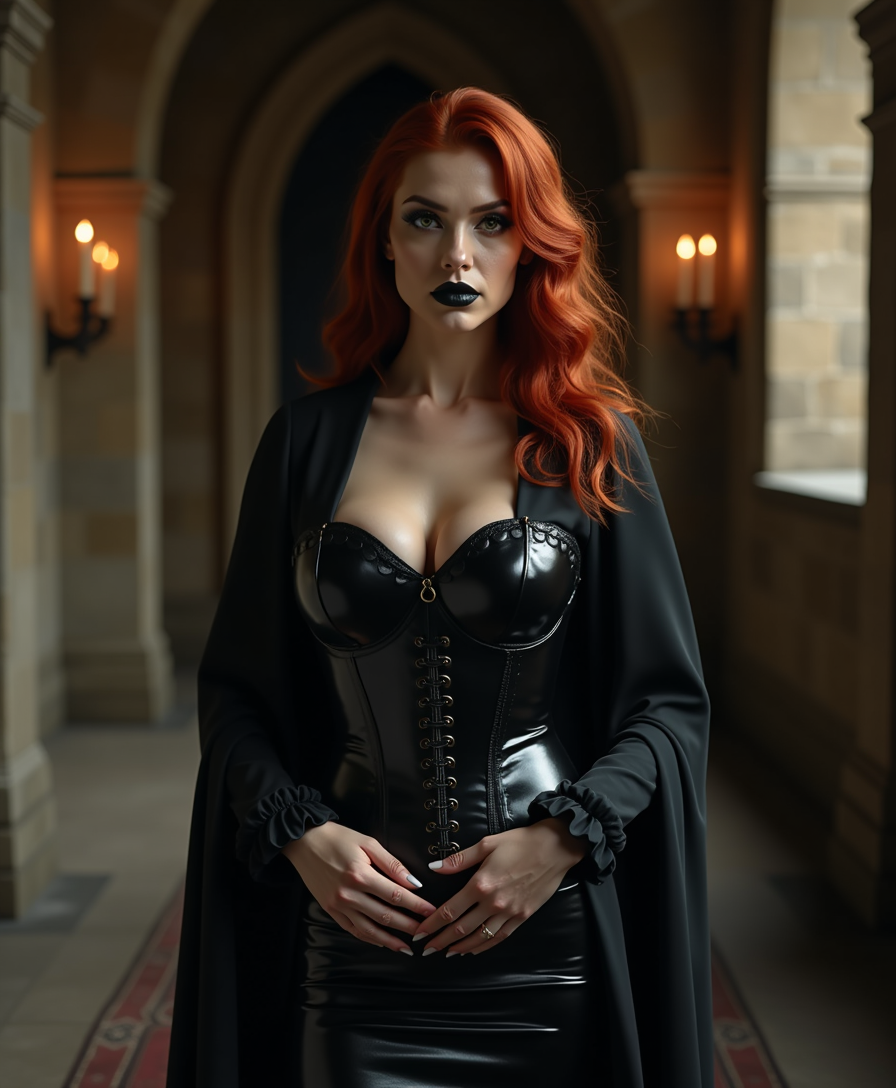 A poised pale vampire queen with auburn red hair cascading in thick heavy waves around her shoulders stands regally in a dimly lit medieval throne room, her dark black makeup accentuating piercing eyes, shiny black lips, and nails. She wears a shiny black latex knee-length pencil skirt, a black silk blouse, and a tight shiny black latex corset embracing her large 44DD breasts, captured in photorealistic detail with dramatic candlelight casting long shadows on ancient stone walls, high-resolution cinematic style.