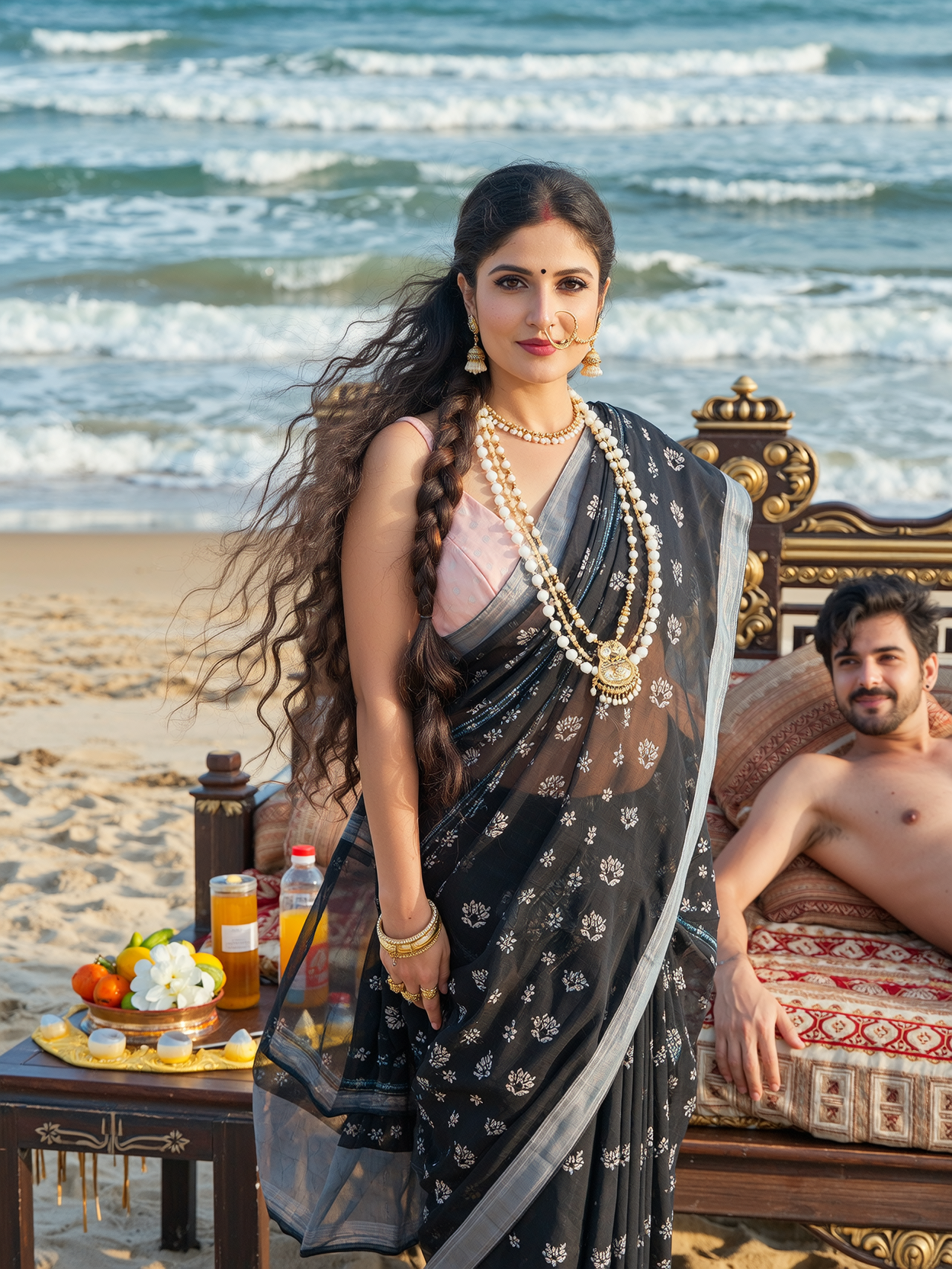 In beach, near sea-waves, at noon, In very bright lighting, front view, three-quarters portrait image, high color contrast image of Beautiful south Indian very fair mature traditional beautiful wife, with extremely beautiful face, very attractive face, very peaceful face, very traditional face, very long hair, single braided hair, looking at camera, aged 35, slightly fat&plumpy, with specs, sindhoor, thick tilak, mangal sutra, nose ring, looking at camera, with kajal, shy, embarrassed, submissive, hourglass body,  extremely beautifully figured body, natural beauty, seducing face. She's looking at camera with her extremely attractive and gorgeous face.

She's covered by a random slightly dark colored fully translucent thin saree. She's extremely gorgeous with hourglass body shape. Her body is extremely seductive.

She's standing near a big, well decorated Bed, in beach. Her husband, who's shirtless, is on the right, is lying on the bed, looking at her lusciously. 