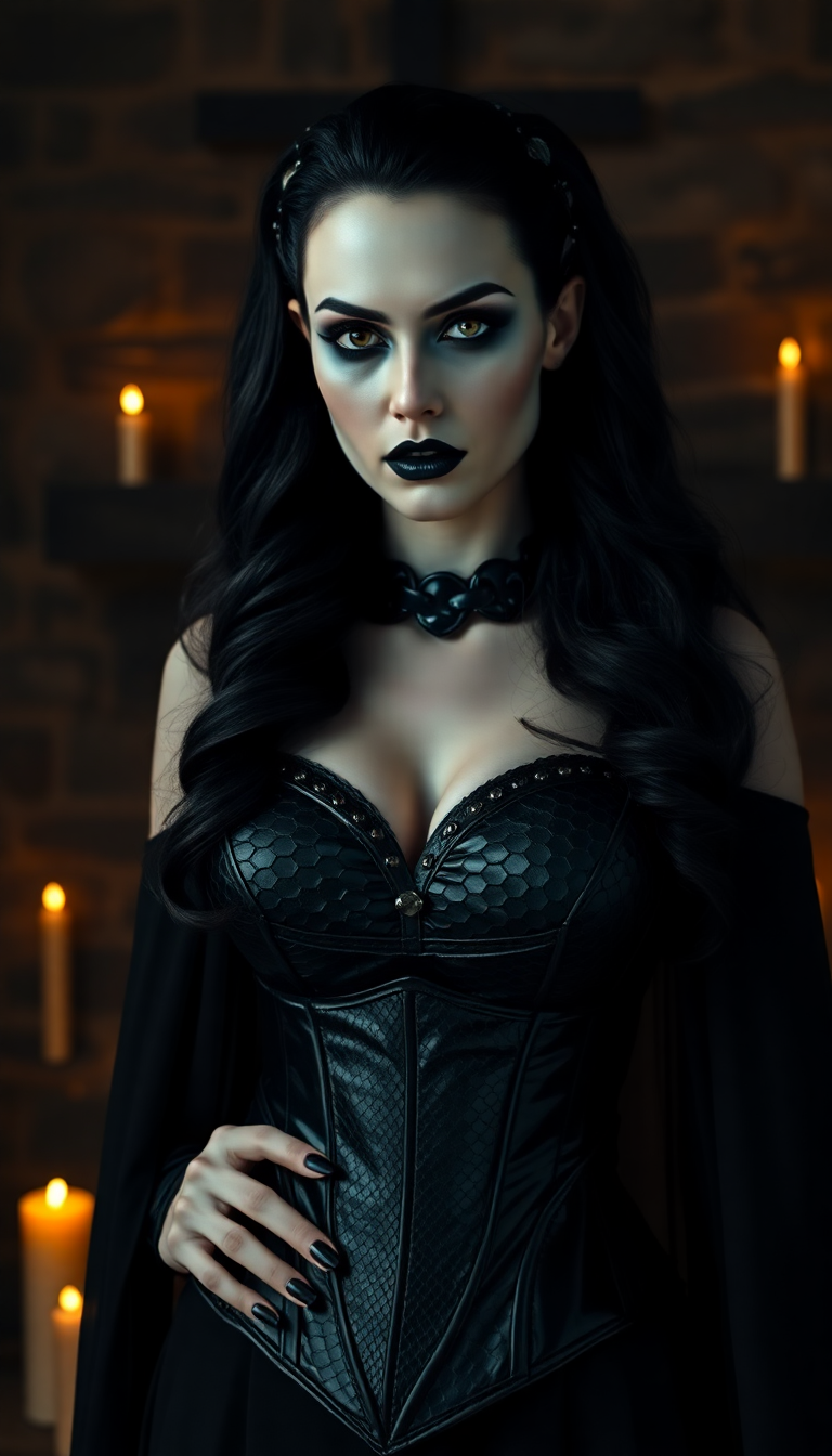 A poised pale vampire queen with black hair cascading in thick heavy waves around her shoulders stands regally in a dimly lit medieval throne room, her dark black makeup accentuating piercing eyes, shiny black lips, and nails, while a shiny black latex dog collar adorns her neck. She wears a shiny black snakeskin latex corset embracing her large 44DD breasts, captured in photorealistic detail with dramatic candlelight casting long shadows on ancient stone walls, high-resolution cinematic style, DSLR photo with shallow depth of field and 8K ultra-detailed textures.