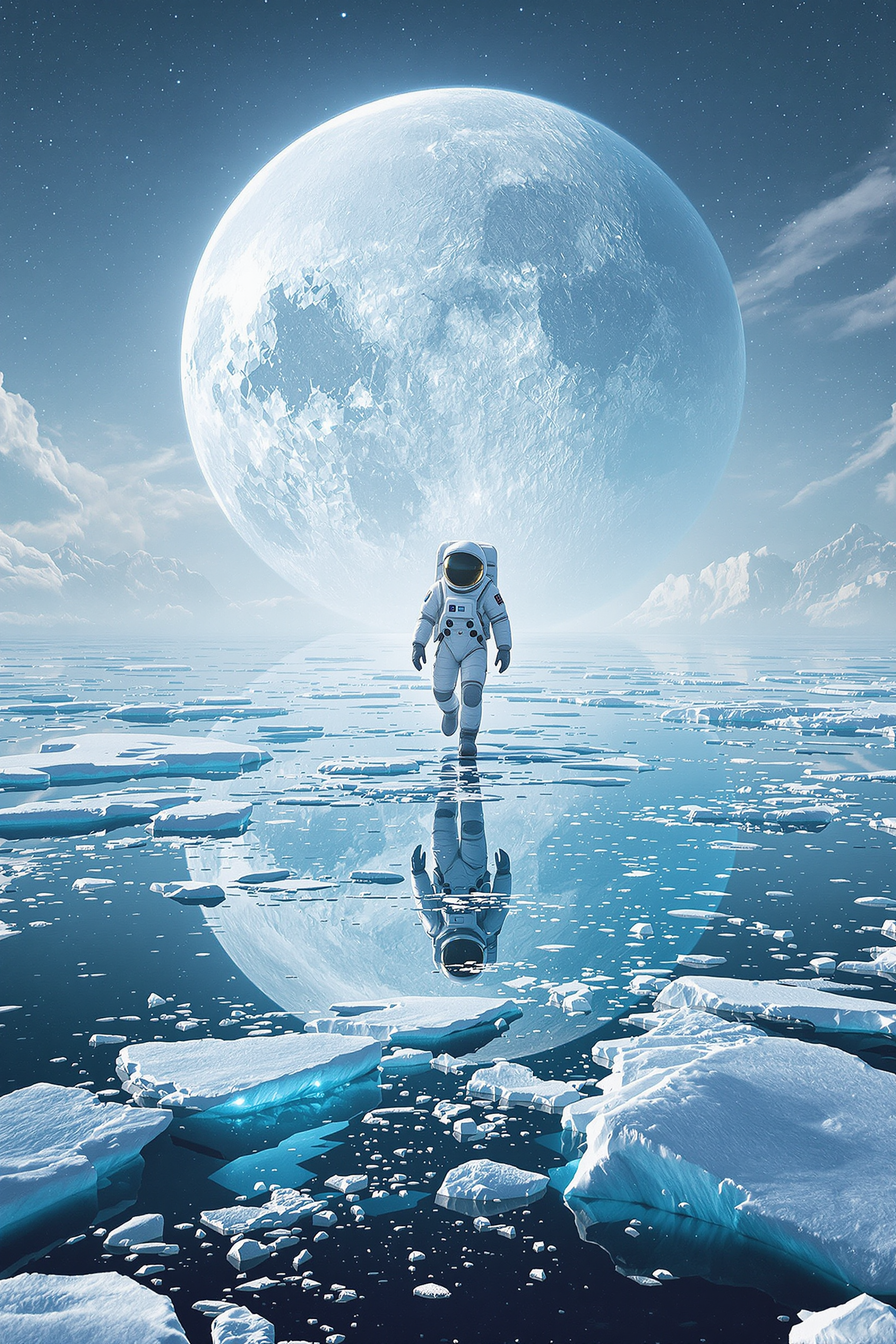 Example: Astronaut walking across reflective frozen ocean under shattered moon