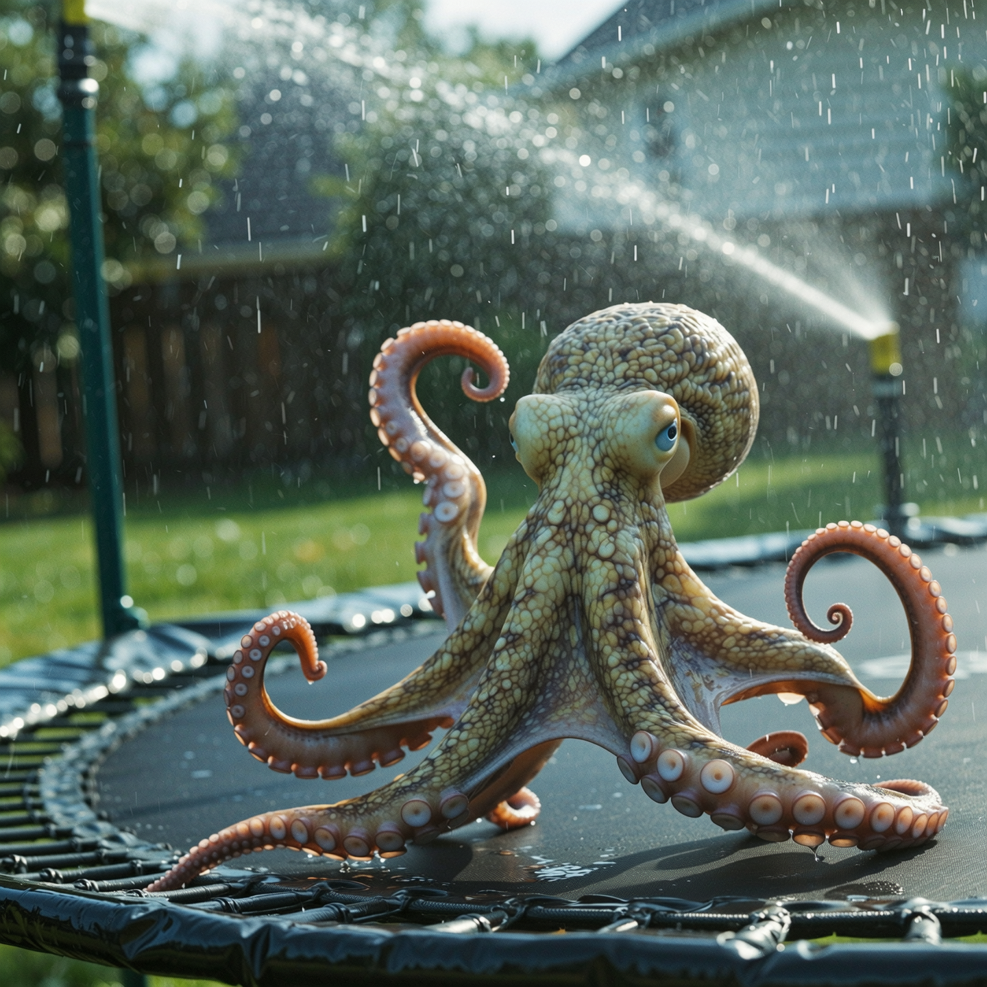 === Scene ===

Description: An octopus somehow ends up in a suburban backyard and slithers onto a trampoline, its tentacles spreading out in all directions. It tries to bounce — clumsily, with suction cups sticking briefly to the surface before releasing. The movement is weirdly graceful and hilarious. A sprinkler gently sprays in the background, mist catching the sunlight.
Tone: {"palette":"Greens, hose-wet trampoline black, soft blues from the sprinkler mist — all slightly desaturated and sun-faded","mood":"Delightful, bizarre, real — the kind of thing you'd rewind 3 times saying ‘What the hell did I just watch?’"}, {"enhancers":["realistic octopus tentacle movement and skin texture","suction cup interaction with trampoline surface","moisture glistening in the sunlight on skin and trampoline fabric","gentle spray from backyard sprinkler casting water particles through sunbeams","accurate trampoline dip and vibration from tentacle pressure"]}, cartoon octopus, dry skin, floating bounce, fake trampoline motion, stylized environment, underwater lighting

=== Shot ===

Composition: Fixed mid-wide angle from the side of the trampoline at ground level, like a security cam or home video. Slight lens compression and sun flare in the top corner. Shallow depth of field on the octopus motion.
Camera Motion: The octopus slowly inches forward, then flops its body upward in a half-bounce, followed by tentacles flailing slightly in mid-air before landing in a wet slurp. It pauses, blinks (somehow), then tries again — determined but confused.