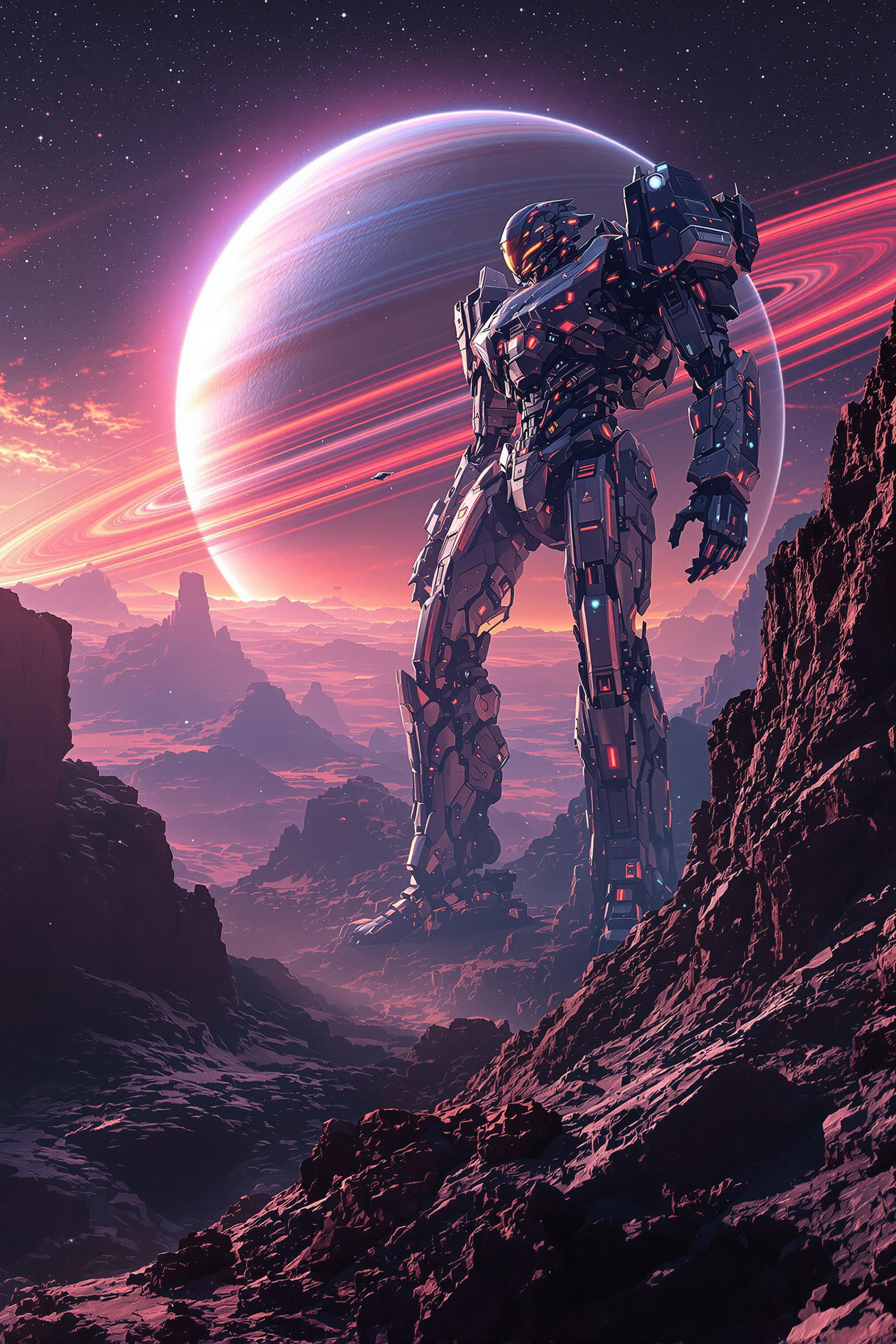 A towering mech sentinel guarding a gas giant’s ringed horizon, cinematic ultra-realistic sci-fi scene, inspired by space opera and futuristic mecha design, ultrachromatic cobalt and crimson palette, mood of epic vigilance, wide panoramic frame with starfields and glowing planetary rings, metallic armor with brushed chrome highlights, scale cues with tiny spacecraft passing, faint nebula haze for depth, 124K 300dpi ultra-sharp poster quality, --no text --no blur --ar 2:3 --exp 74 --seed 7512 --stylize 980 --chaos 25
