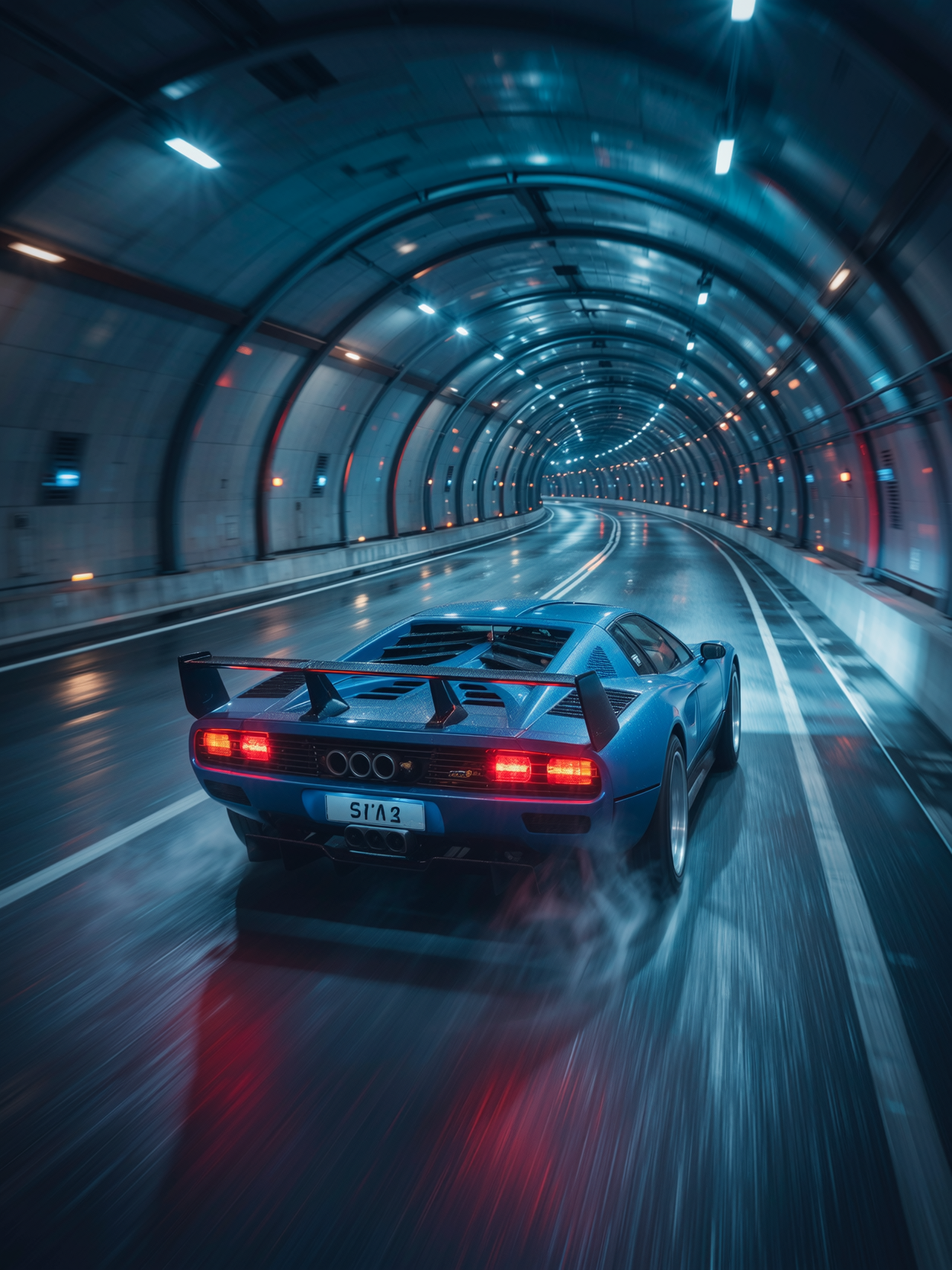 64K 300 dpi. Thrill, 80s supercar blasting through neon tunnel, wet asphalt, light trails; medium: long-exposure automotive photo. Lighting: tunnel strip key, red taillight glow, cyan reflections. Color: cyan, magenta, graphite. Composition: low chase angle, motion blur streaks, centered. Layers: streaks FG, car MG, tunnel BG. Post: clarity, deghost, sharpen. Use-case: poster.
--ar 2:3 --v 7 --style raw --s 520 --chaos 4 --seed 67103 --exp 52 --no text --no watermark
