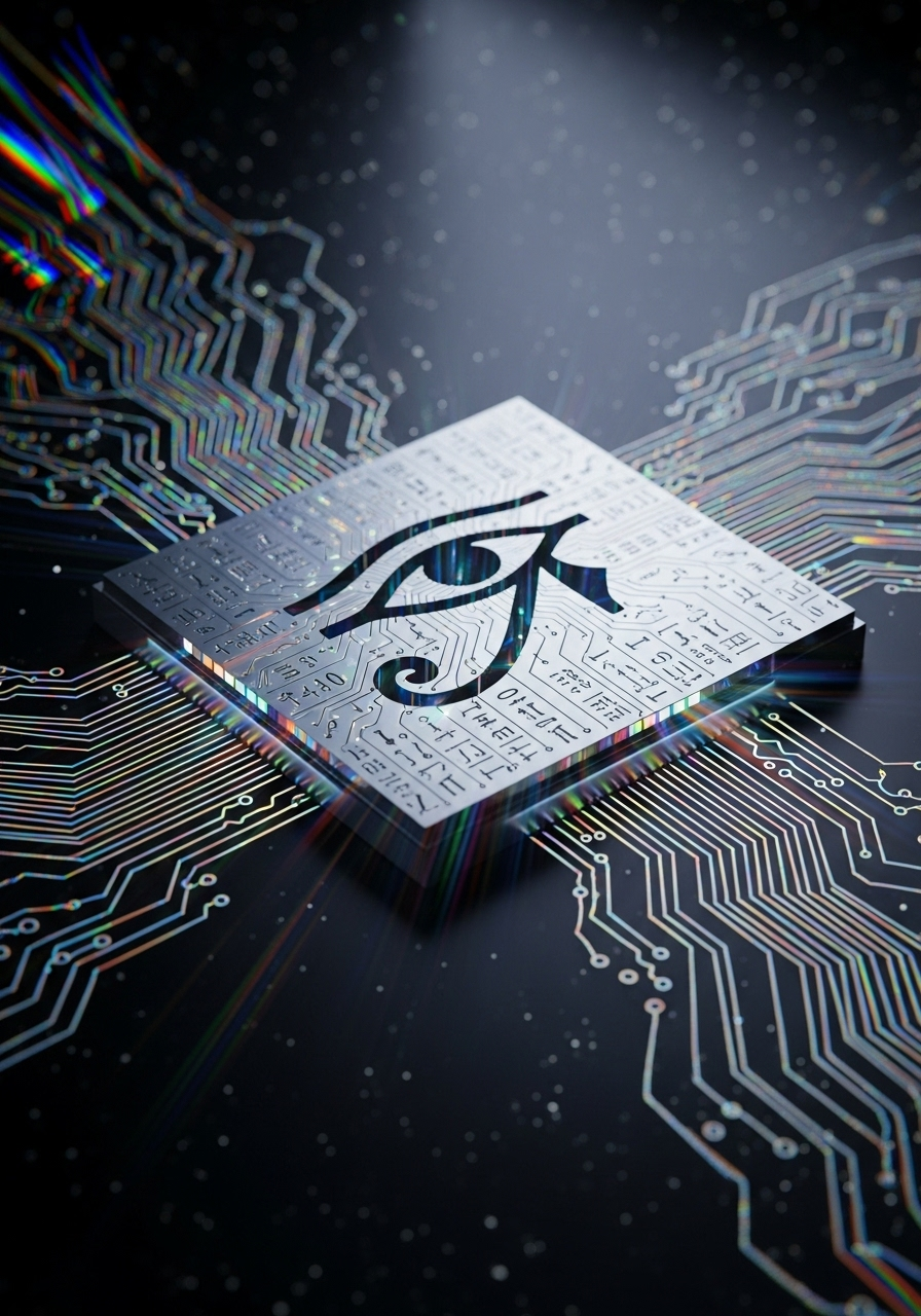 {
  "SHOT COMPOSITION": "A medium close-up shot captured with a 50mm lens on a Sony A7S III camera, emphasizing cinematic depth through a shallow depth of field that isolates the intricate details of the central subject while softly blurring the surrounding ethereal light effects.",
  "SUBJECT & WARDROBE": "The central subject is a sleek quantum processor core seamlessly integrated with the ancient Eye of Horus symbol, its etched circuitry flowing elegantly like mystical hieroglyphs across hyperreal metallic textures, with no wardrobe elements as this is an inanimate technological artifact glowing with prismatic spectral radiance.",
  "SCENE SETTING": "Set against a polished obsidian surface in a futuristic void-like environment, illuminated by refracted holographic light patterns that ripple dynamically like waves of energy, during an otherworldly timeless hour with dramatic, high-contrast lighting that casts ethereal shadows and highlights the intricate fusion of ancient and quantum elements.",
  "VISUAL STYLE": "A hyper-detailed 64K render in a cinematic sci-fi aesthetic, blending hyperrealism with subtle grain texture for a film-like quality, featuring vibrant prismatic color grading that enhances the spectral glow and metallic sheen, evoking a sense of ancient mysticism merged with cutting-edge technology."
}