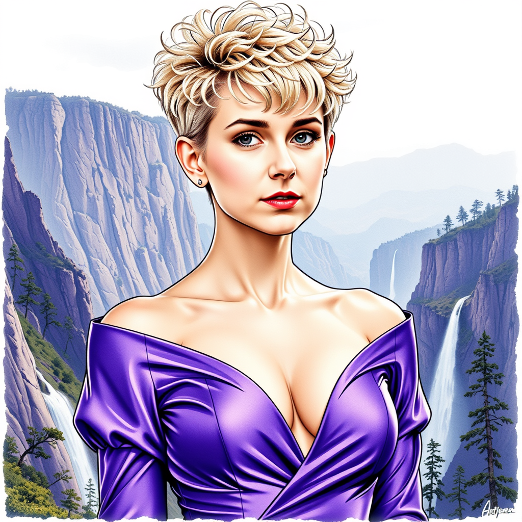 VS-LoRA-Zip2 This image is a Artgerm color ink art portrait of a female person with a blonde super short tapper fade curly pixie haircut. razor short and tapper fade cutted hair over ears and on nape. Blunt bangs. The person is wearing a purpleblue, offtheshoulder dress with long sleeves. The dress has a satin or silk texture, which is evident from the way the light reflects off the fabric. The neckline is plunging, and the dress wraps around the torso, creating a flattering silhouette. The sleeves are fitted at the wrists, tapering slightly towards the ends, and the dress has a subtle flare at the hem, giving it a gentle flow. The background is a amazing landscape with some cliffs and waterfalls and trees. VS-LoRA-Zip2 VS-LoRA-Zip2
