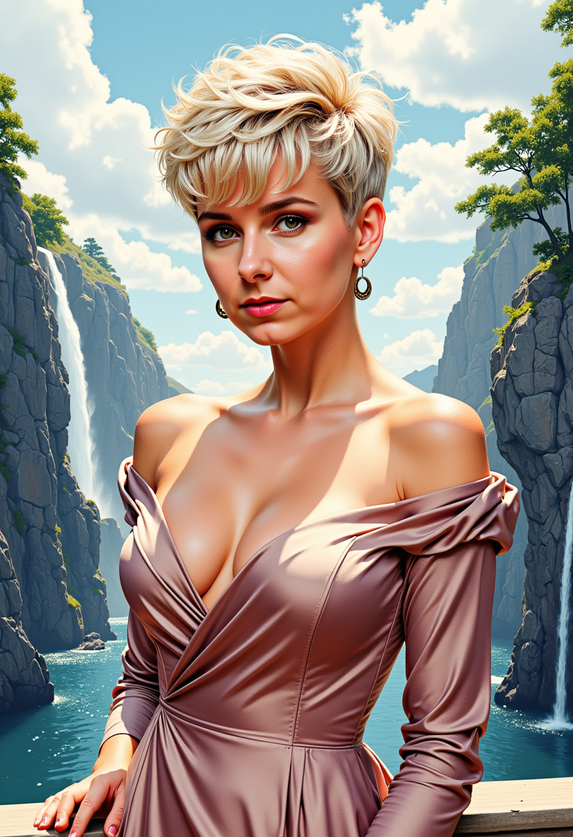 VS-LoRA-Zip2 This image is a Artgerm color ink art portrait of a female person with a iceblonde super short tapper fade curly pixie haircut. razor short and tapper fade cutted hair over ears and on nape. Blunt bangs. The person is wearing a breathtaking, offtheshoulder dress with long sleeves. The dress has a satin or silk texture, which is evident from the way the light reflects off the fabric. It is a V-neckline, and the dress wraps around the torso, creating a flattering silhouette. The sleeves are fitted at the wrists, tapering slightly towards the ends, and the dress has a subtle flare at the hem, giving it a gentle flow. The background is a amazing landscape with some cliffs and waterfalls and trees. VS-LoRA-Zip2 