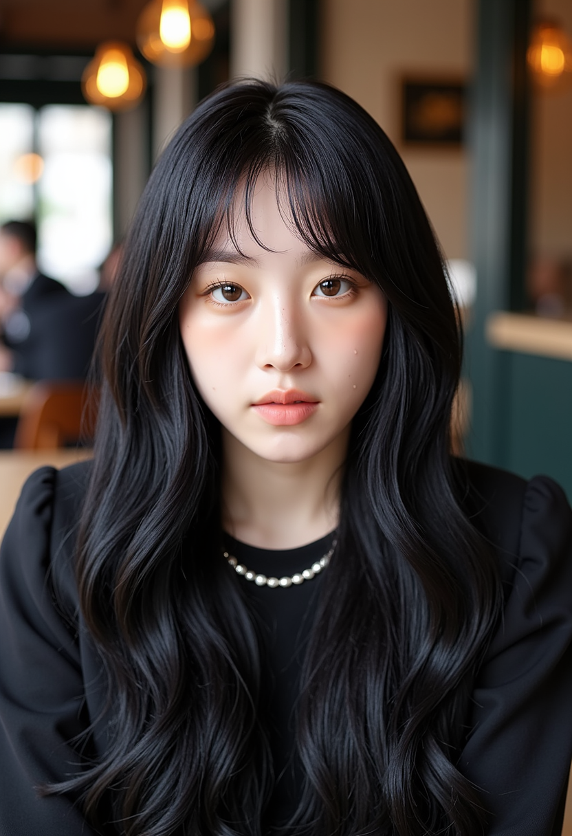 A portrait photo of QIYU7866, a 25 year old female with long black hair sitting in a cafe in Lisbon