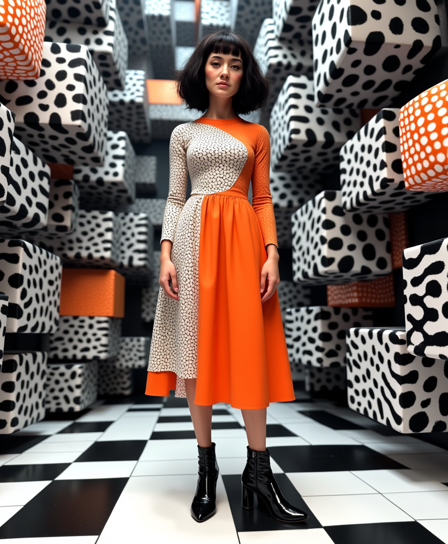 This image is a striking example of surrealism, a style that blurs the lines between reality and fantasy. The medium appears to be a digital creation, given the precision and the seamless integration of the elements. The colors are bold and contrasting, with a black and white checkered floor and a multitude of cubes in the background that are a mix of black and white with a polka dot pattern.The subject of the image is a 3d cartoon of TOKALEMAP dressed in an eyecatching orange and white dress with a geometric pattern that matches the polka dot cubes. The dress has a fitted bodice with long sleeves and a flared skirt that ends just above the knee. TOKALEMAP is wearing black highheeled ankle boots that have a glossy finish, which complements the dresss color scheme.TOKALEMAP hair is a vibrant black, styled in a short, straight bob cut that frames the face. TOKALEMAP stands out against the monochromatic background, drawing the viewers attention to the subject.The cubes in the background are arranged in a seemingly random yet balanced pattern, creating a threedimensional illusion. Some cubes are tilted, giving the impression that the space is in flux and the viewer is looking at a distorted reality. The floor is a black and white checkered pattern that contrasts with the cubes, reinforcing the surrealistic feel of the image.