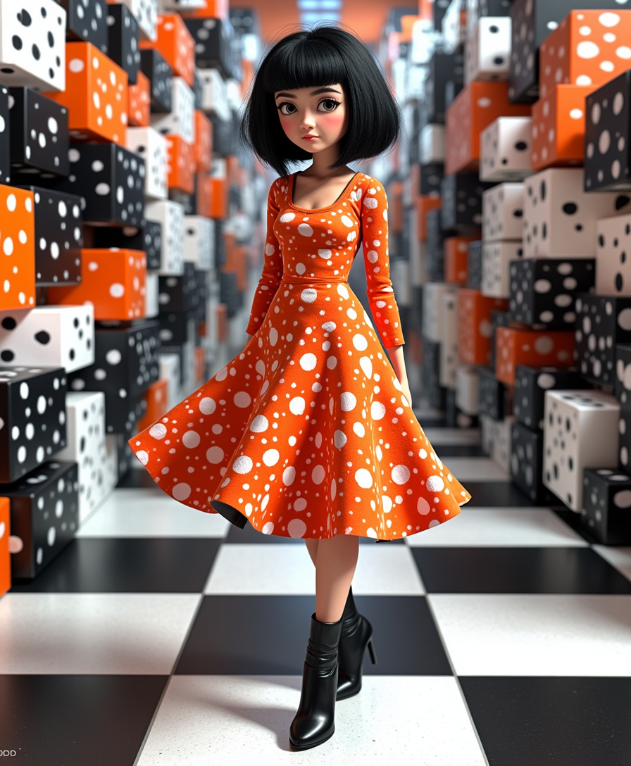 This image is a striking example of surrealism, a style that blurs the lines between reality and fantasy. The medium appears to be a digital creation, given the precision and the seamless integration of the elements. The colors are bold and contrasting, with a black and white checkered floor and a multitude of cubes in the background that are a mix of black and white with a polka dot pattern.The subject of the image is a 3d cartoon of TOKALEMAP dressed in an eyecatching orange and white dress with a geometric pattern that matches the polka dot cubes. The dress has a fitted bodice with long sleeves and a flared skirt that ends just above the knee. TOKALEMAP is wearing black highheeled ankle boots that have a glossy finish, which complements the dresss color scheme.TOKALEMAP hair is a vibrant black, styled in a short, straight bob cut that frames the face. TOKALEMAP stands out against the monochromatic background, drawing the viewers attention to the subject.The cubes in the background are arranged in a seemingly random yet balanced pattern, creating a threedimensional illusion. Some cubes are tilted, giving the impression that the space is in flux and the viewer is looking at a distorted reality. The floor is a black and white checkered pattern that contrasts with the cubes, reinforcing the surrealistic feel of the image.