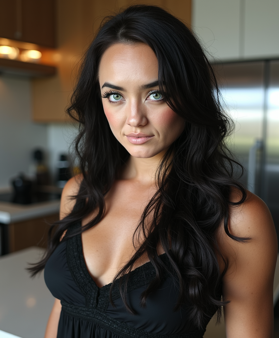 The image is a photorealistic portrait of a stunning TOKALEMAP woman, characterized by her porcelain-white skin and deep, jet-black hair that cascades elegantly around her shoulders. Her captivating green eyes are framed by long, thick lashes, drawing the viewer's attention and enhancing her enigmatic expression. She wears an elegant black dress that creates a striking contrast against her fair complexion, accentuating her refined elegance. Set in a modern kitchen, the composition features sleek, contemporary appliances and soft, ambient lighting that adds a warm glow to the scene. The kitchen's minimalist design enhances her mysterious and sophisticated aura, while natural light delicately highlights the contours of her face, emphasizing her striking beauty. This compelling and evocative portrait captivates the viewer, merging the elements of fantasy and modernity in a visually stunning way.