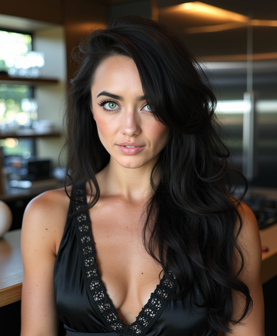 The image is a photorealistic portrait of a stunning TOKALEMAP woman, characterized by her porcelain-white skin and deep, jet-black hair that cascades elegantly around her shoulders. Her captivating green eyes are framed by long, thick lashes, drawing the viewer's attention and enhancing her enigmatic expression. She wears an elegant black dress that creates a striking contrast against her fair complexion, accentuating her refined elegance. Set in a modern kitchen, the composition features sleek, contemporary appliances and soft, ambient lighting that adds a warm glow to the scene. The kitchen's minimalist design enhances her mysterious and sophisticated aura, while natural light delicately highlights the contours of her face, emphasizing her striking beauty. This compelling and evocative portrait captivates the viewer, merging the elements of fantasy and modernity in a visually stunning way.
