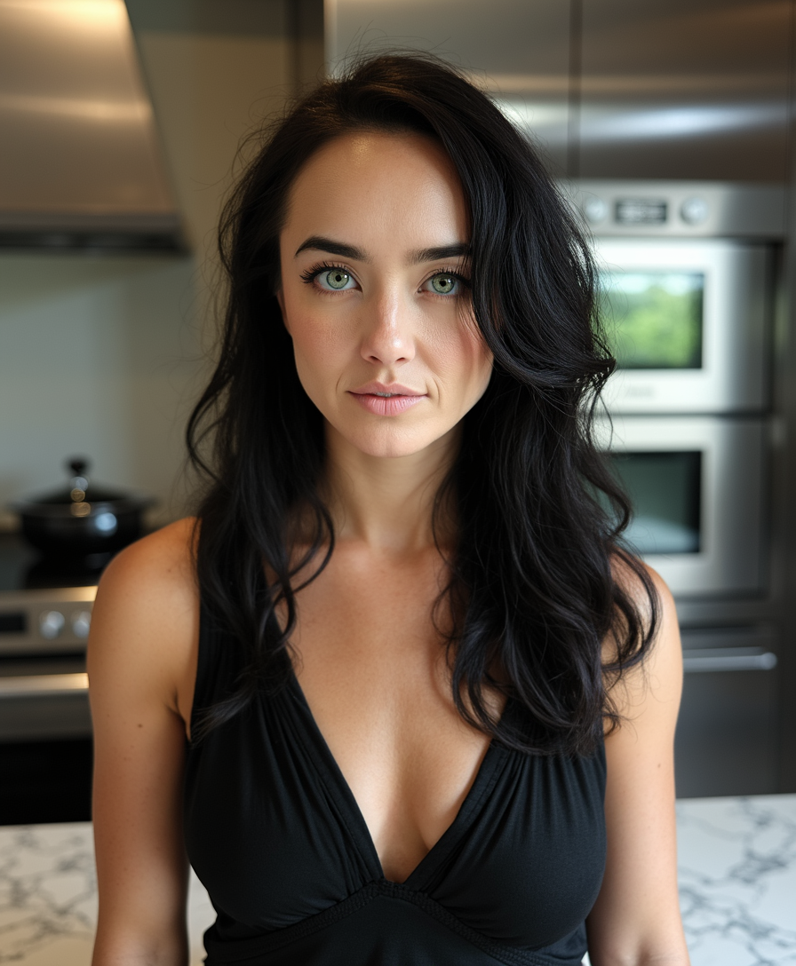 The image is a photorealistic portrait of a stunning TOKALEMAP woman, characterized by her porcelain-white skin and deep, jet-black hair that cascades elegantly around her shoulders. Her captivating green eyes are framed by long, thick lashes, drawing the viewer's attention and enhancing her enigmatic expression. She wears an elegant black dress that creates a striking contrast against her fair complexion, accentuating her refined elegance. Set in a modern kitchen, the composition features sleek, contemporary appliances and soft, ambient lighting that adds a warm glow to the scene. The kitchen's minimalist design enhances her mysterious and sophisticated aura, while natural light delicately highlights the contours of her face, emphasizing her striking beauty. This compelling and evocative portrait captivates the viewer, merging the elements of fantasy and modernity in a visually stunning way.