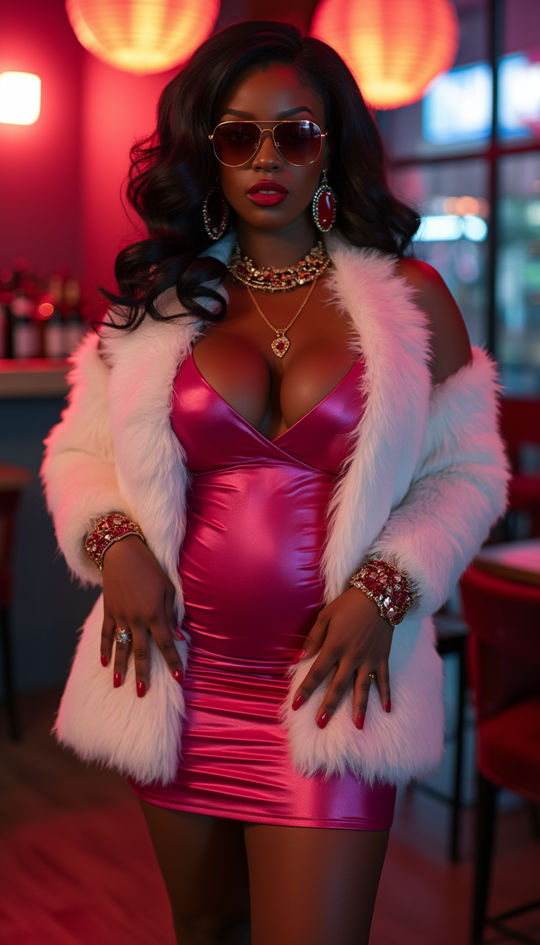 {
  "SHOT COMPOSITION": "A long full body shot framing a confident curvaceous African American woman standing boldly, captured with a 50mm lens on a Canon 5D camera for sharp focus and natural perspective, employing a shallow depth of field to isolate her against a softly blurred background, emphasizing her commanding presence in the frame.",
  "SUBJECT & WARDROBE": "She exudes confidence as a curvaceous African American woman with a brazen, intense expression and striking amber eyes peering from behind slim mirrored aviator sunglasses, her shiny black hair cascading down her back in glossy waves, dressed in a luxurious thick white fur coat draped over a skintight shiny pink minidress that accentuates her curvaceous figure, standing with poised grace. Blood red lips, her throat, wrists decorated with gold and ruby jewelry. Large gold hoops dangle from her ears. Her lips, fingernails and toenails are painted in a bright crimson color
  "SCENE SETTING": "The scene unfolds in an upscale nightclub, shifting club light casting dramatic shadows and highlighting her silhouette against the background creating a luxurious and empowering atmosphere with subtle neon accents from nearby buildings adding a vibrant, modern tone.",
  "VISUAL STYLE": "Rendered in a high-fashion editorial style with a cinematic gloss, featuring rich color grading for deep contrasts and vibrant highlights, subtle film grain for a premium texture, evoking the allure of a luxury magazine cover shoot with realistic yet polished details."
}