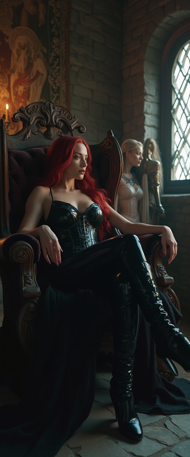 {
  "SHOT COMPOSITION": "A medium shot captured with a 50mm lens on a Canon 5D camera, utilizing a shallow depth of field to sharply focus on the central Amazonian woman's commanding presence and her submissive counterpart, while gently blurring the intricate background details, framing the scene dynamically to emphasize her reclining dominance and the kneeling figure at her feet in a balanced, intimate composition.",
  "SUBJECT & WARDROBE": "The dominant subject is a powerfully built, thicc Amazonian woman in her late 50s, boasting bright blue eyes and thick crimson hair cascading in heavy waves down her back; she is clad in a shiny black latex corset that dramatically enhances her 50EE breasts, complemented by a skintight shiny black latex catsuit and thigh-high stiletto-heeled boots, her face adorned with heavy bold gothic makeup including shiny black lipstick, as she reclines confidently on her throne with a smug, dominant smirk. Kneeling submissively at her feet is a young blonde-haired woman, dressed in a shiny white latex corset and dress, her gaze lifted upward in adoration and obedience.",
  "SCENE SETTING": "The scene is set in a medieval-style throne room featuring ancient stone walls adorned with ornate tapestries and suits of armor, illuminated by flickering torchlight that casts dramatic, elongated shadows across the flagstone floor, during a dimly lit evening that infuses the atmosphere with mystery and imposition, where soft ambient glows accentuate the glossy sheen of the latex outfits and heighten the overarching tone of unyielding power and erotic dominance.",
  "VISUAL STYLE": "Rendered in a cinematic gothic aesthetic with a dark, moody color grading featuring deep blacks, rich crimson accents, and subtle blue highlights to evoke a sense of timeless allure, incorporating a slight film grain texture for added realism and depth, reminiscent of a high-production fantasy film still that blends hyper-realistic details with an air of seductive fantasy."
}