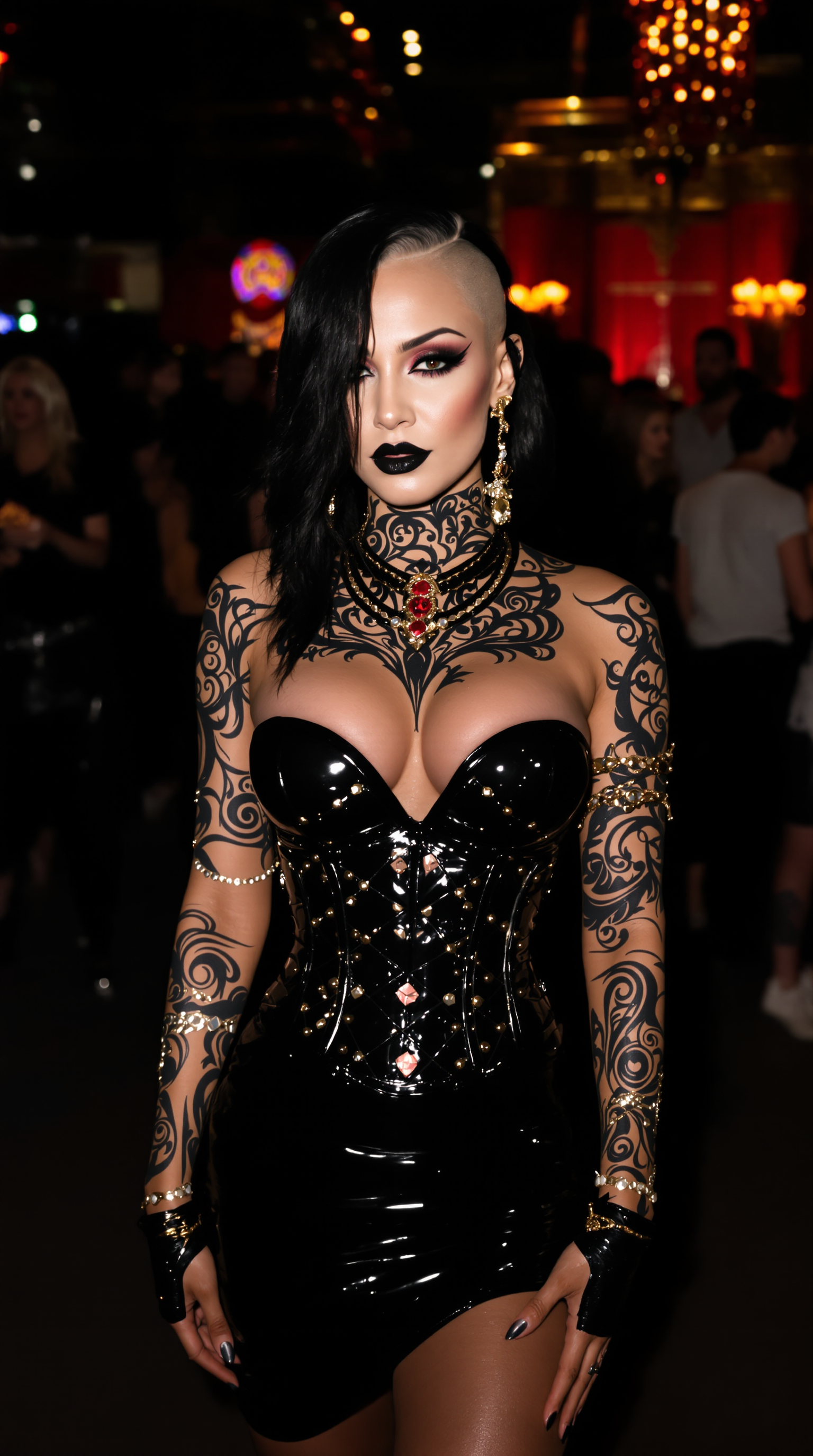 {
  "SHOT COMPOSITION": "Frame a dynamic medium shot of the woman standing confidently at the center, captured with a 50mm lens on a Sony A7S III camera, employing a shallow depth of field to softly blur the lively crowd behind her, drawing sharp focus to her commanding presence and the pulsating energy of the nightclub around her.",
  "SUBJECT & WARDROBE": "Depict a stunning mid-40s woman with ethereal goth pale skin, bold dark makeup, and glossy black lipstick, her shiny black hair cascading elegantly over one shoulder while the other side is shaved to a soft fuzz; she wears a sleek knee-length shiny black latex pencil skirt, a form-fitting shiny black latex corset that highlights her 50EE breasts, towering shiny black stiletto heels with vivid crimson soles, opulent gold and ruby jewelry, shiny black latex fingerless gloves, and fingernails lacquered in shiny black, her body adorned with intricate tribal-style tattoos on exposed skin, as she poses with a mysterious, alluring expression full of poise and intrigue.",
  "SCENE SETTING": "Set the scene in the vibrant core of a nightclub during the late-night peak, where colorful neon lights dance across the room casting glowing hues and bright colors enveloped by a throng of partygoers in matching shiny black latex outfits who dance and mingle energetically
