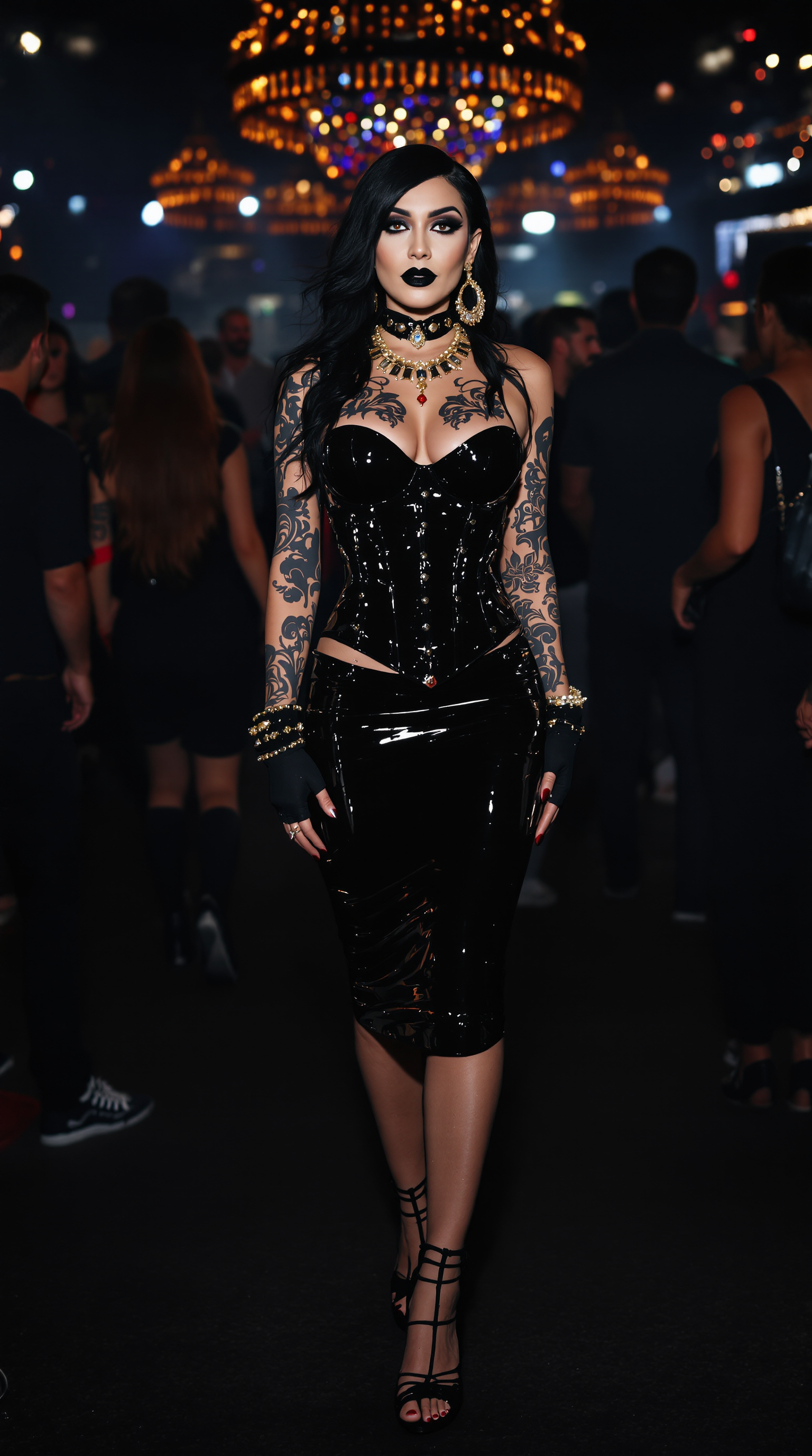 {
  "SHOT COMPOSITION": "Frame a dynamic medium shot of the woman standing confidently at the center, captured with a 50mm lens on a Sony A7S III camera, employing a shallow depth of field to softly blur the lively crowd behind her, drawing sharp focus to her commanding presence and the pulsating energy of the nightclub around her.",
  "SUBJECT & WARDROBE": "Depict a stunning mid-40s woman with ethereal goth pale skin, bold dark makeup, and glossy black lipstick, her shiny black hair cascading elegantly over one shoulder while the other side is shaved to a soft fuzz; she wears a sleek ankle-length shiny black latex pencil skirt, a form-fitting shiny black latex corset that highlights her 50EE breasts, towering shiny black stiletto heels with vivid crimson soles, opulent gold and ruby jewelry, shiny black latex fingerless gloves, and fingernails lacquered in shiny black, her body adorned with intricate tribal-style tattoos on exposed skin, as she poses with a mysterious, alluring expression full of poise and intrigue.",
  "SCENE SETTING": "Set the scene in the elegant ballroom of a high end hotel. Surrounded by a throng of partygoers in matching shiny black latex outfits who dance and mingle energetically