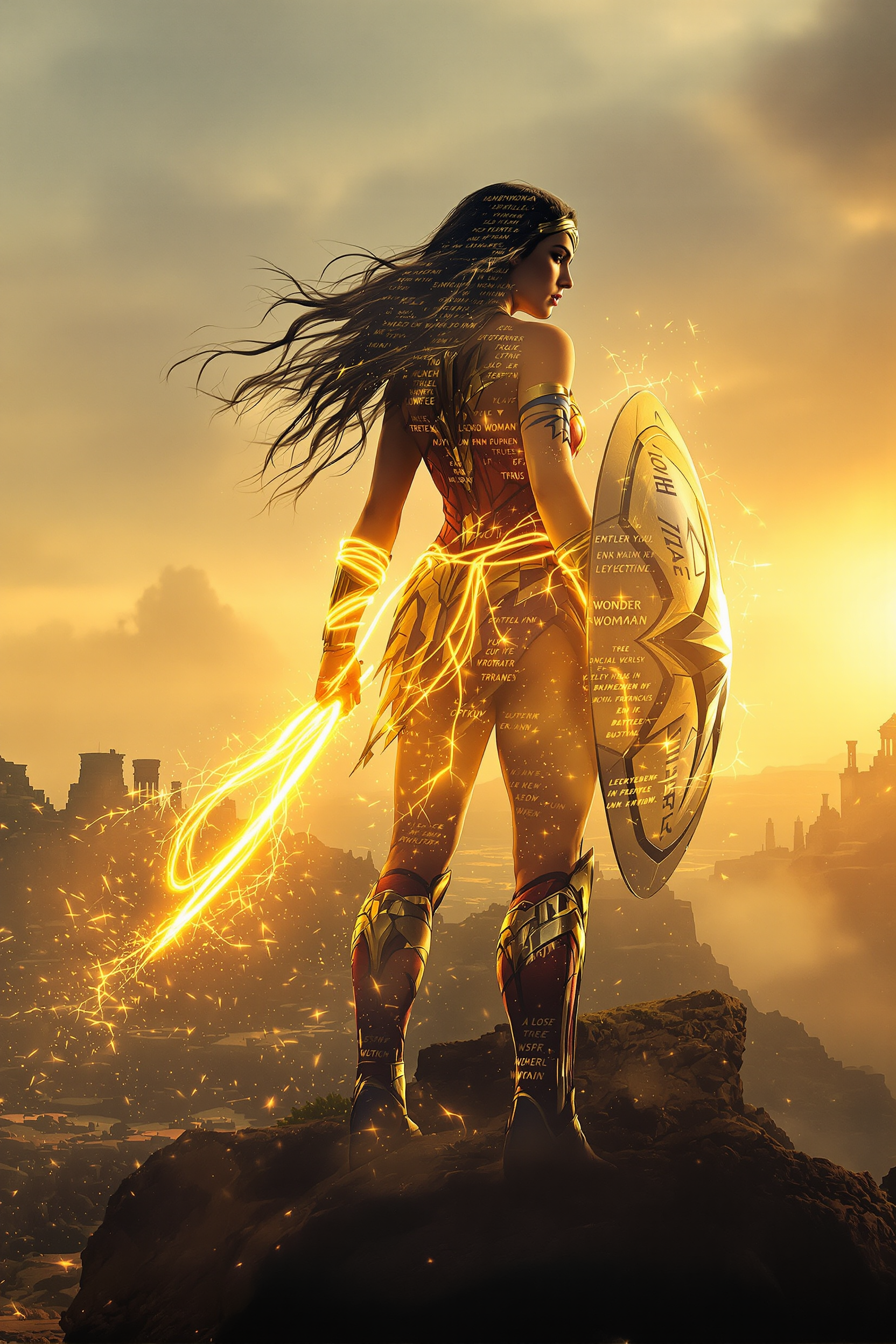 Create a hyper-realistic, emotionally charged double exposure composition featuring the silhouette of Wonder Woman, standing tall with her shield raised and Lasso of Truth glowing at her side, hair flowing like fire in the wind. The silhouette represents not just a warrior, but the embodiment of truth, strength, and justice. Inside the Silhouette: Themyscira a sunlit paradise of towering statues, lush cliffs, and ancient temples. Symbolic overlays: the glowing golden Lasso wrapping through her arms, faint silhouettes of Amazons training in the background, sparks and embers rising from a glowing battlefield. A subtle overlay of ancient Greek inscriptions fades in and out across her armor. Atmosphere & Lighting: Warm golden light with cinematic highlights and deep shadows. Radiant flares from the lasso, slow-motion dust and sparks glowing in the air, storm clouds forming on the horizon for dramatic depth. Background Environment: A gradient sky shifting from golden dawn to stormy grey. Subtle overlays of battle silhouettes, eagle feathers, and mythological symbols (Greek columns, divine lightning) framing the edges. Stylistic Enhancements: Photorealistic armor detail, weathered shield textures, cinematic skin tones, metallic reflections, soft haze. Mood & Style Tags: Hyper-realistic | Double Exposure | Cinematic | Mythic | Legendary | Warrior | Storytelling --ar 2:3 --profile r4z7ro6
