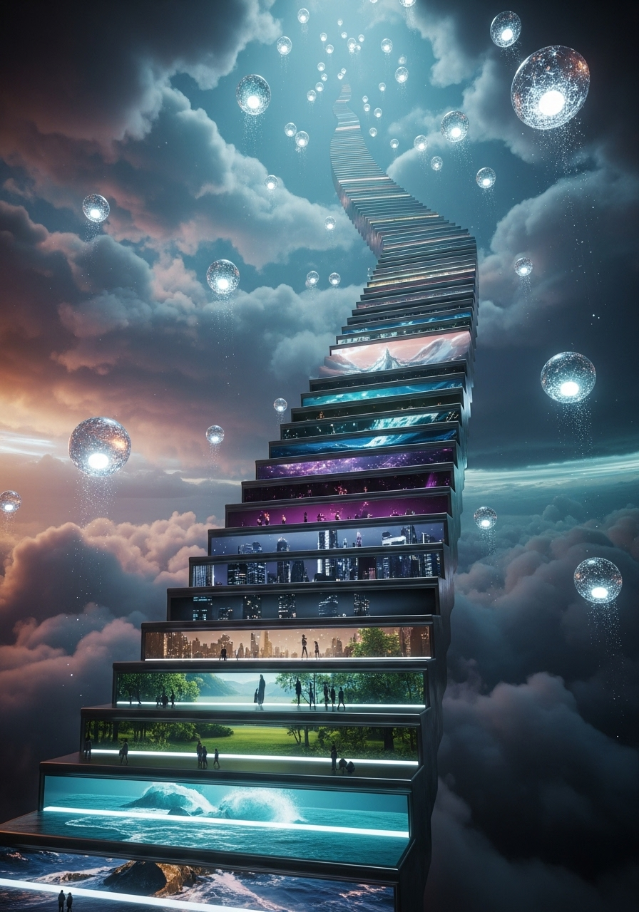 A surreal dreamscape where an endless staircase floats through the sky, each step a glowing mirror reflecting alternate worlds, clouds swirl around glowing orbs suspended in midair, emotional sense of transcendence and infinite possibility, ethereal ambient lighting in radiant amethyst, silver, and teal hues, low-angle cinematic perspective emphasizing scale, textures blending glass, stone, and vapor, 64K ultra high detail, 300 dpi clarity for metallic prints 