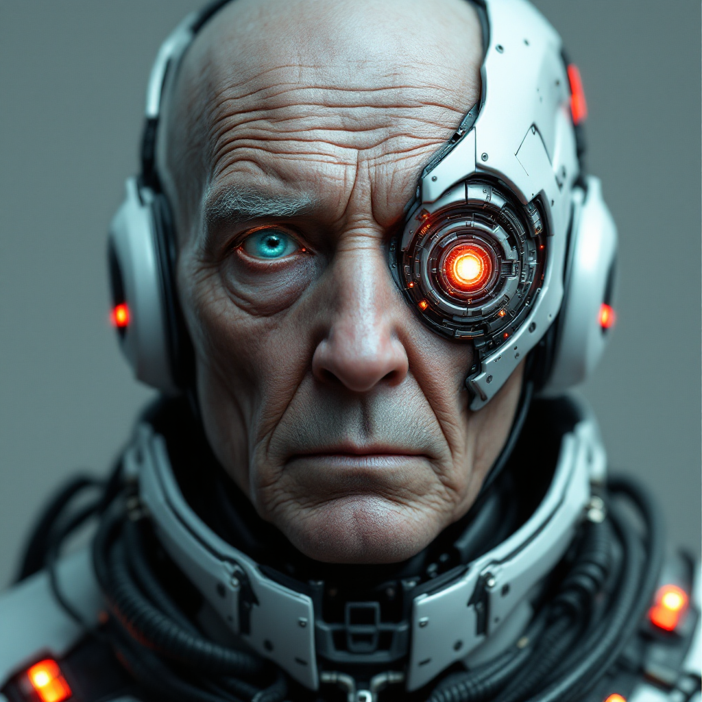 A highly detailed, photorealistic digital rendering of an elderly cyborg man in a close-up portrait, facing directly forward with a neutral, introspective expression. The man appears to be in his 80s or 90s, with deeply wrinkled, pale Caucasian skin that's weathered and aged, showing fine lines, creases, and subtle age spots on his bald scalp and face. His left eye is a natural, piercing turquoise blue human eye with realistic iris details and subtle reflections, while his right eye is a intricate cybernetic implant: a large, mechanical monocle-like device with glowing red circular lens at the center, surrounded by metallic gears, circuits, and orange energy sparks emanating from it, integrated seamlessly into his wrinkled skin. A white and black robotic helmet or exoskeleton frames his head, with segmented armor plates, exposed wires, tubes, and metallic components extending down to his neck and shoulders, including earpieces with red lights and black cabling. The overall color palette is cool and muted, dominated by desaturated grays, blues, and silvers, with high-contrast highlights on the metallic parts and a warm red-orange glow from the cybernetic eye adding dramatic focal point. The background is a plain, gradient dark gray void, emphasizing the subject's face with soft, cinematic lighting from the front and subtle rim lighting to enhance textures and depth. Render in hyper-realistic CGI style, inspired by artists like Alex Ross and digital sculpting in ZBrush, with ultra-high resolution, sharp details on skin pores, metallic reflections, and subtle subsurface scattering for lifelike skin translucency.