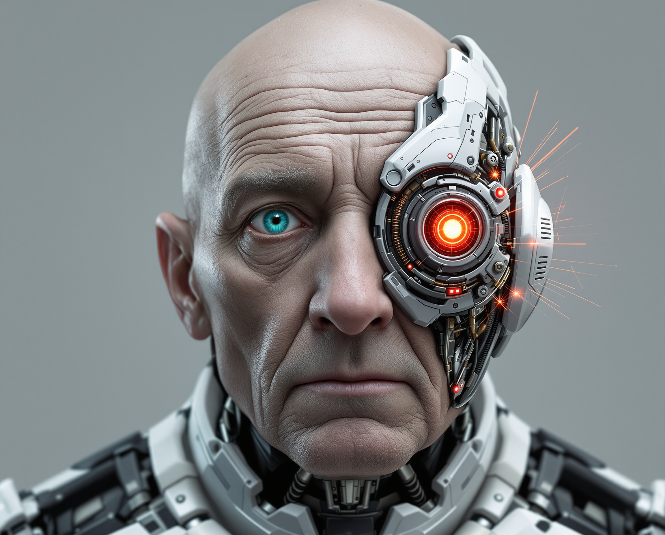 A highly detailed, photorealistic digital rendering of an elderly cyborg man in a close-up portrait, facing directly forward with a neutral, introspective expression. The man appears to be in his 80s or 90s, with deeply wrinkled, pale Caucasian skin that's weathered and aged, showing fine lines, creases, and subtle age spots on his bald scalp and face. His left eye is a natural, piercing turquoise blue human eye with realistic iris details and subtle reflections, while his right eye is a intricate cybernetic implant: a large, mechanical monocle-like device with glowing red circular lens at the center, surrounded by metallic gears, circuits, and orange energy sparks emanating from it, integrated seamlessly into his wrinkled skin. A white and black robotic helmet or exoskeleton frames his head, with segmented armor plates, exposed wires, tubes, and metallic components extending down to his neck and shoulders, including earpieces with red lights and black cabling. The overall color palette is cool and muted, dominated by desaturated grays, blues, and silvers, with high-contrast highlights on the metallic parts and a warm red-orange glow from the cybernetic eye adding dramatic focal point. The background is a plain, gradient dark gray void, emphasizing the subject's face with soft, cinematic lighting from the front and subtle rim lighting to enhance textures and depth. Render in hyper-realistic CGI style, inspired by artists like Alex Ross and digital sculpting in ZBrush, with ultra-high resolution, sharp details on skin pores, metallic reflections, and subtle subsurface scattering for lifelike skin translucency.