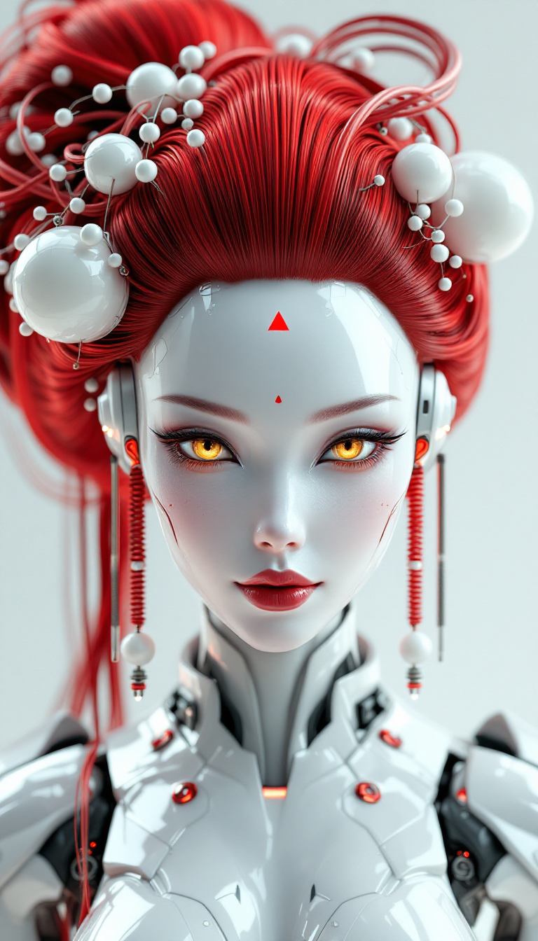 Example: A highly detailed 3D digital rendering of a futuristic robotic geisha android