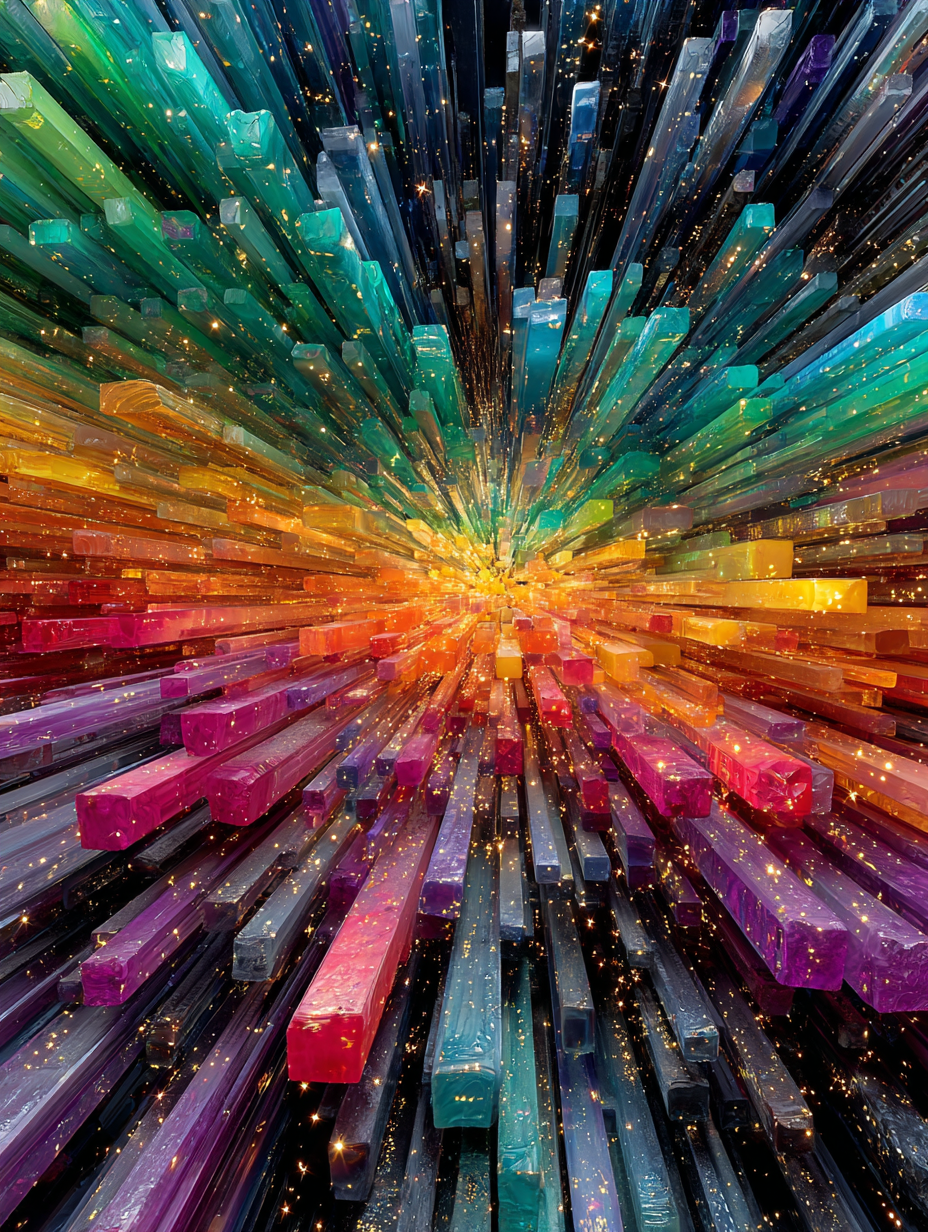 Shattered prism explosion of radiant rainbow glass shards bursting outward, glowing crystalline textures with sparkling golden embers, ultra-sharp reflective edges, vivid chromatic saturation, cinematic depth and light refractions, immersive dynamic composition designed for large-format metallic print
