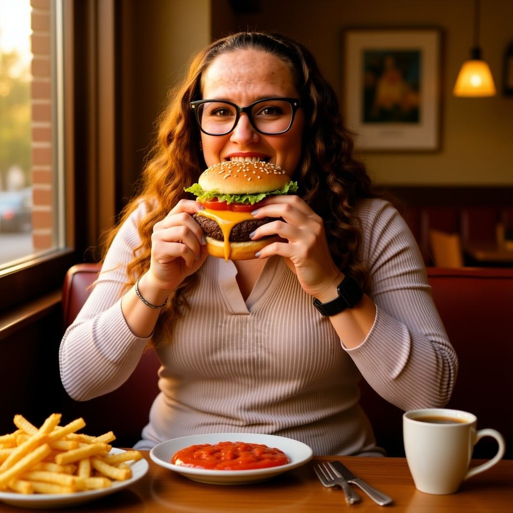 {
  "SHOT COMPOSITION": "Medium close-up shot captured with a 50mm lens on a Canon 5D camera, featuring a shallow depth of field that sharply focuses on the subject while softly blurring the background for an intimate and appetizing emphasis.",
  "SUBJECT & WARDROBE": "A young adult with an excited expression, messy hair, and casual attire including a simple t-shirt and jeans, enthusiastically biting into a large, juicy burger with cheese melting down the sides, lettuce peeking out, and sesame seeds on the bun, with sauce dripping onto their fingers.",
  "SCENE SETTING": "Set in a cozy diner booth during late afternoon golden hour, with warm sunlight streaming through the window, casting a soft glow on the wooden table scattered with fries and a soda, creating a casual and inviting atmosphere.",
  "VISUAL STYLE": "Realistic food photography style with vibrant color grading to enhance the rich reds of the tomato and the glossy sheen of the burger patty, adding a slight grain texture for a authentic, mouthwatering commercial look that evokes hunger and satisfaction."
} (edited with Flux Kontext Dev)